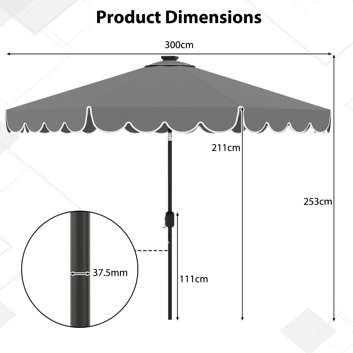 300 cm Grey Patio Umbrella with Solar LED Lights