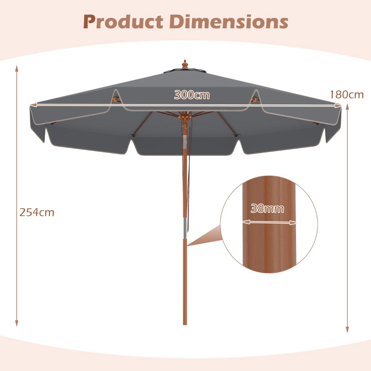 300 cm Grey Patio Umbrella with Tilt and Wood Pole