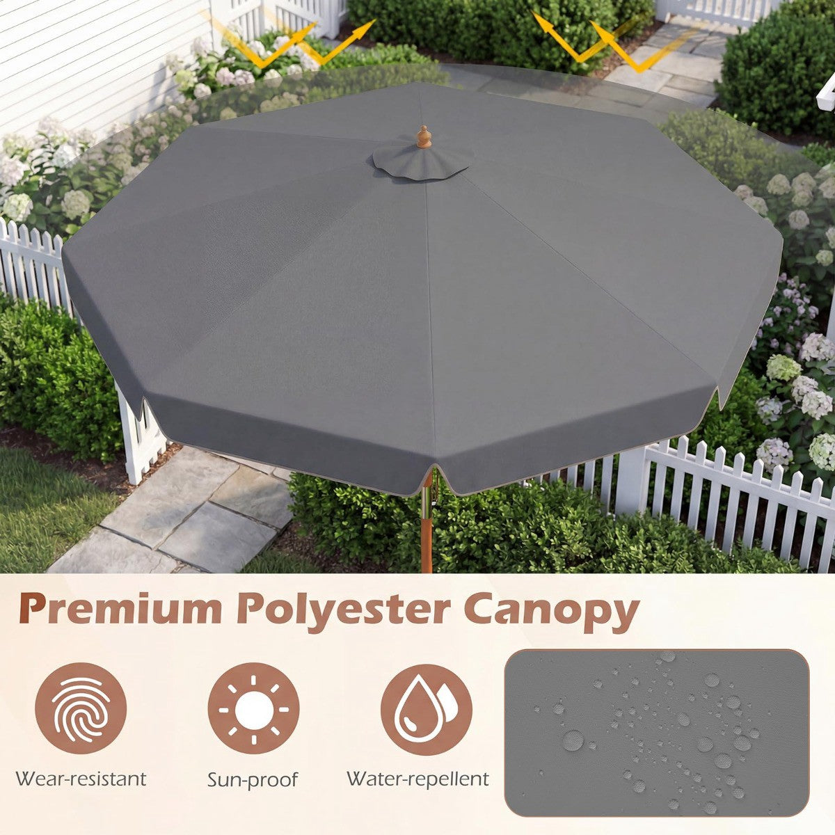 300 cm Grey Patio Umbrella with Tilt and Wood Pole