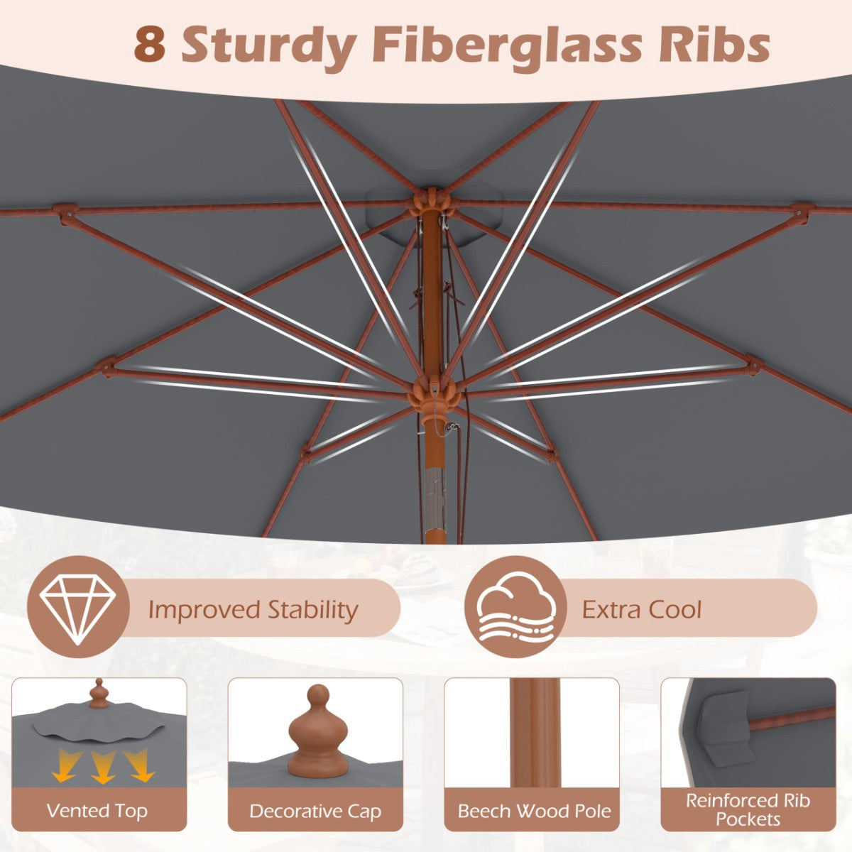 300 cm Grey Patio Umbrella with Tilt and Wood Pole