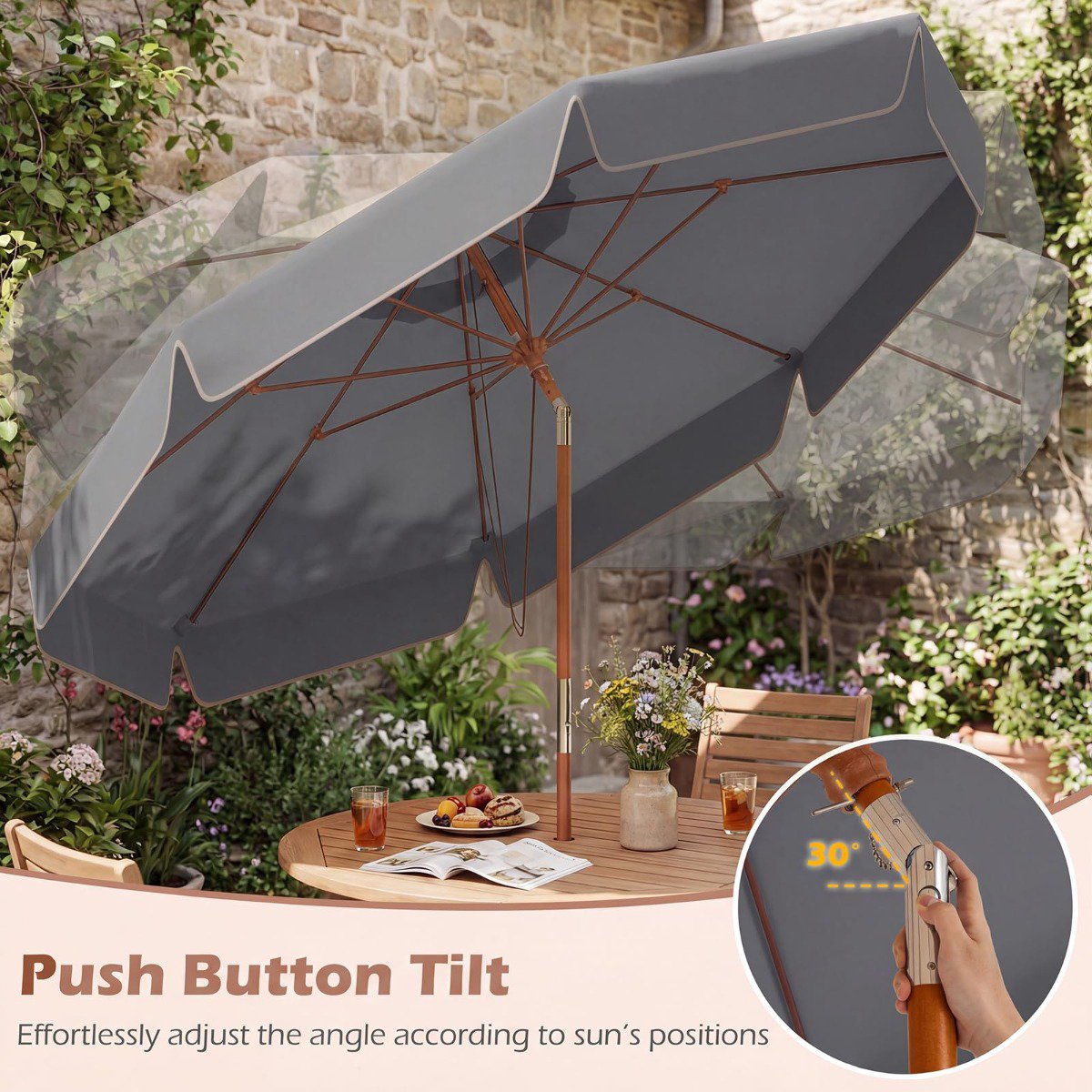 300 cm Grey Patio Umbrella with Tilt and Wood Pole