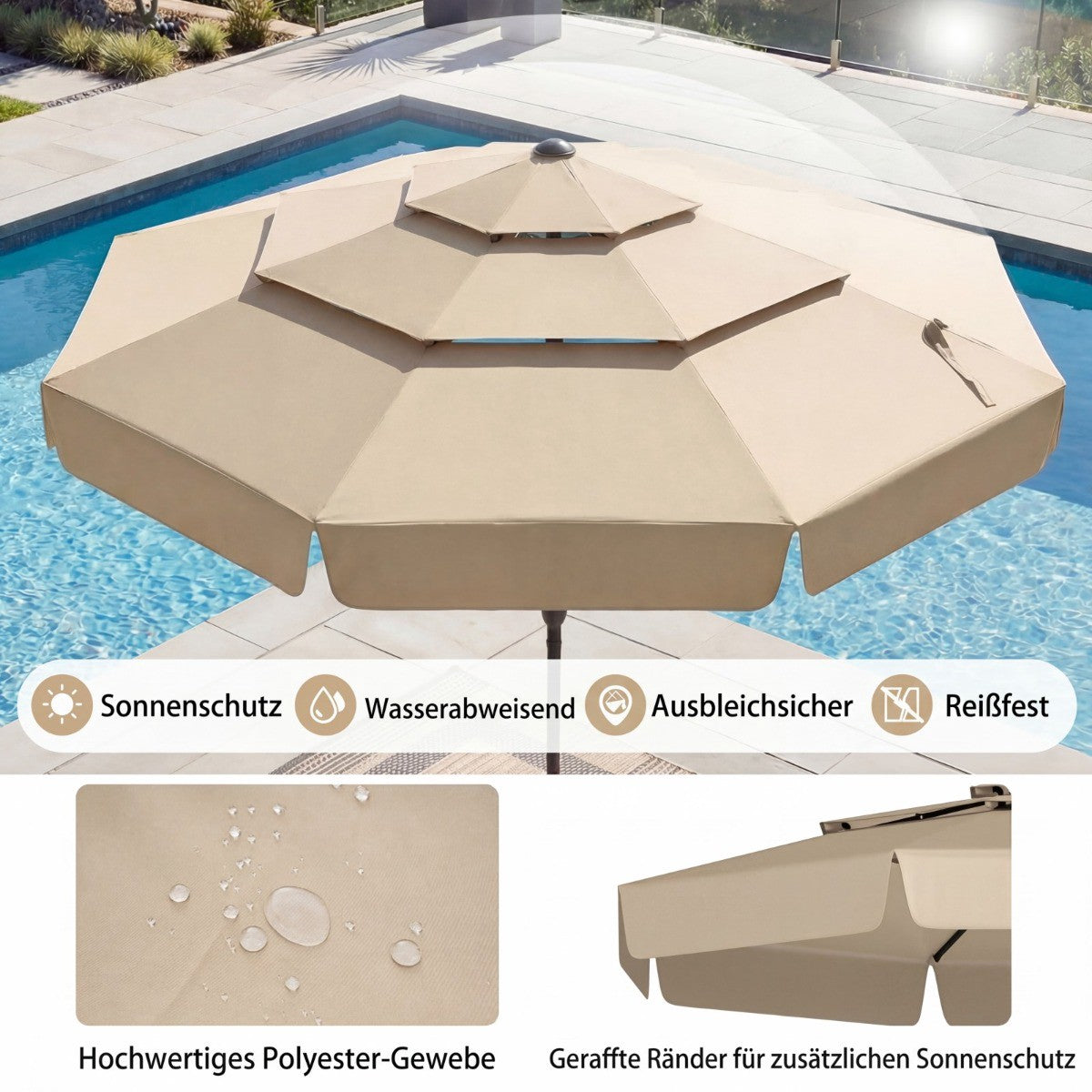 300 cm Outdoor Market Umbrella, Tilt Function, Beige