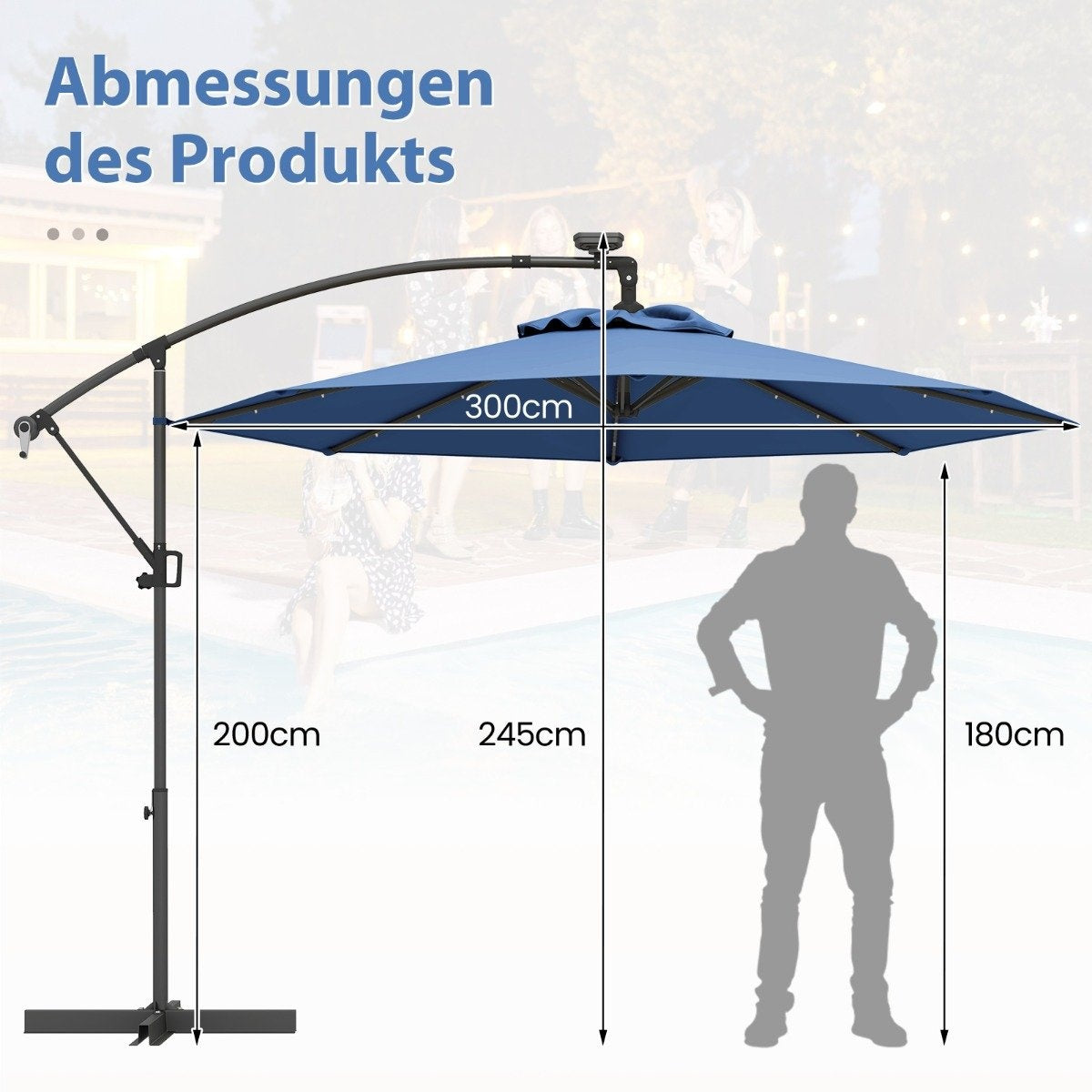 300 cm Patio Umbrella with 32 Solar LED Lights, Blue