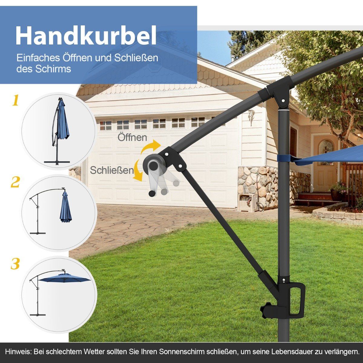 300 cm Patio Umbrella with 32 Solar LED Lights, Blue