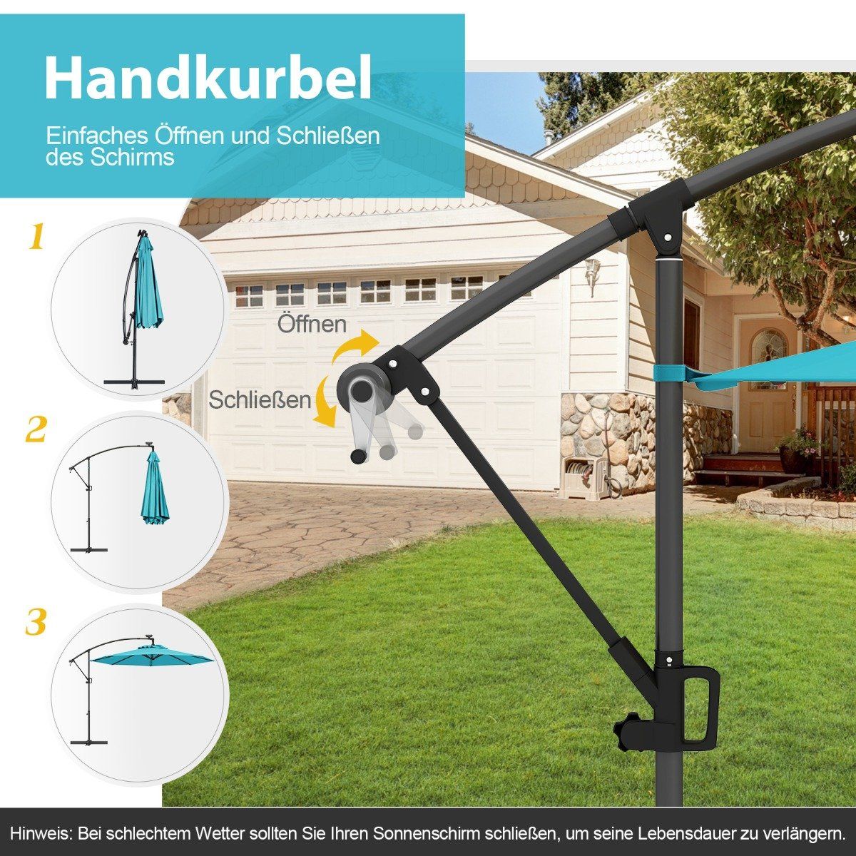 300 cm Patio Umbrella with Solar LED Lights & Crank