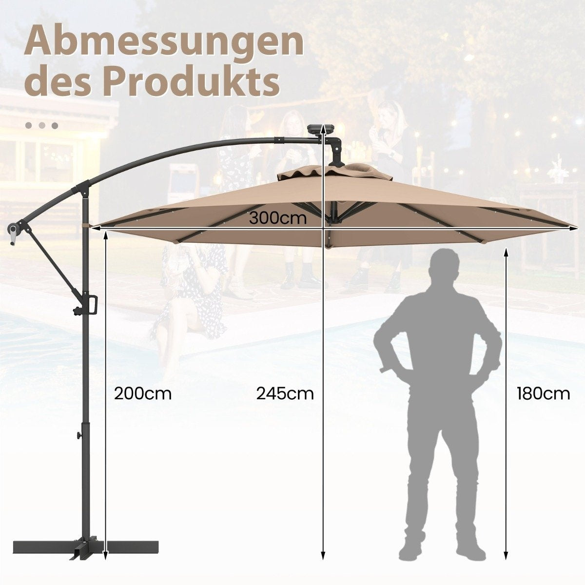 300 cm Patio Umbrella with Solar LED Lights & Crank