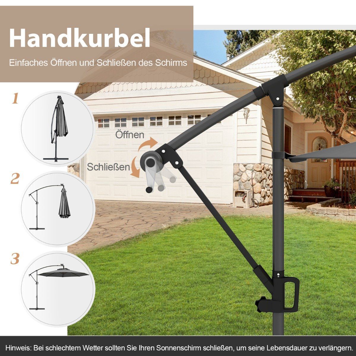 300 cm Patio Umbrella with Solar LED Lights & Crank