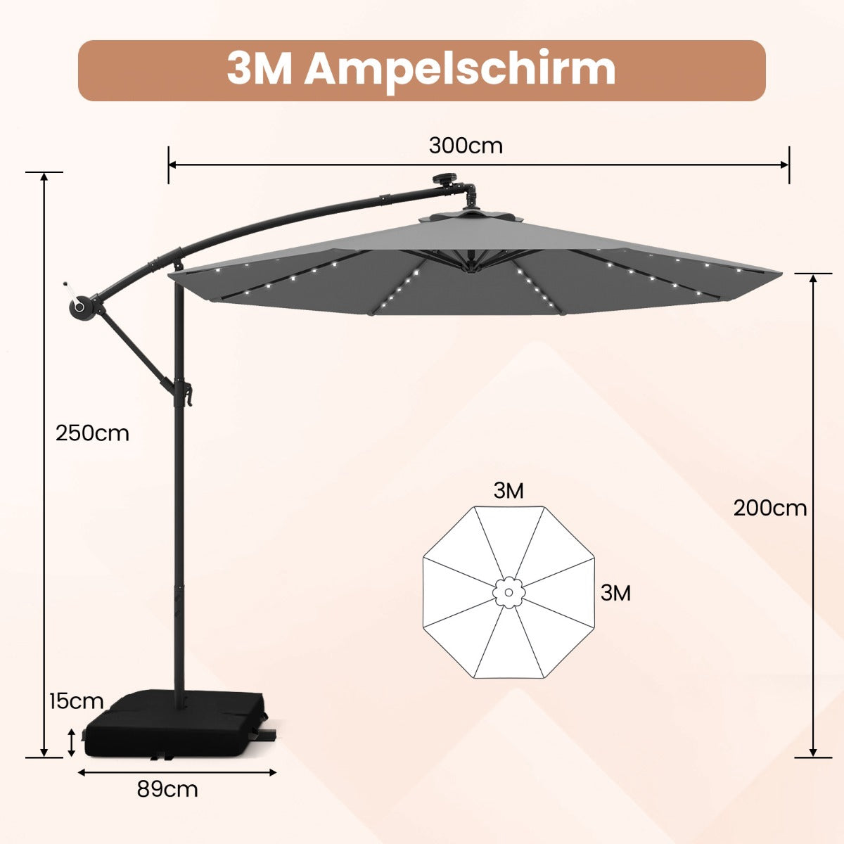 300 cm Patio Umbrella with Solar LED Lights & Sandbags