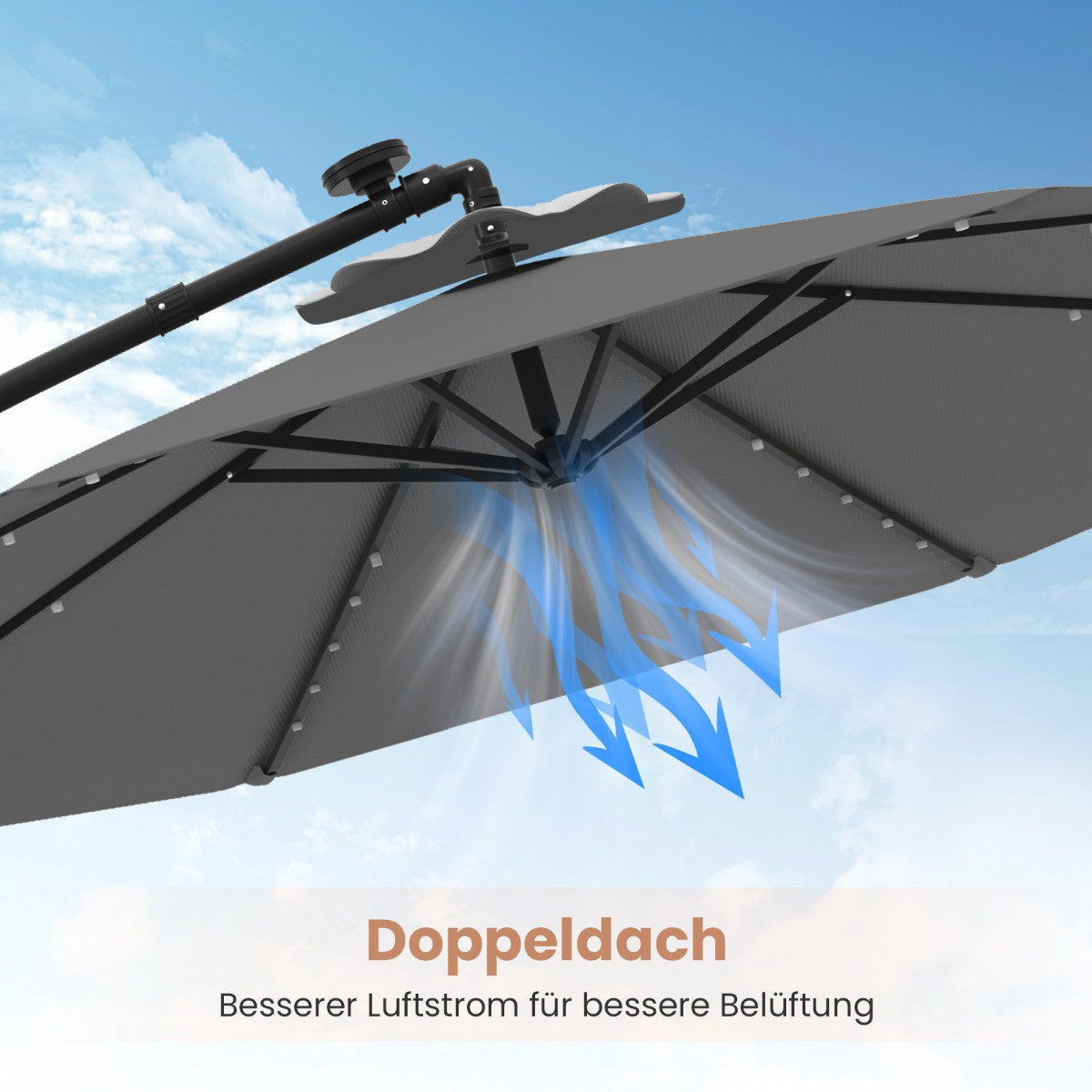 300 cm Patio Umbrella with Solar LED Lights & Sandbags