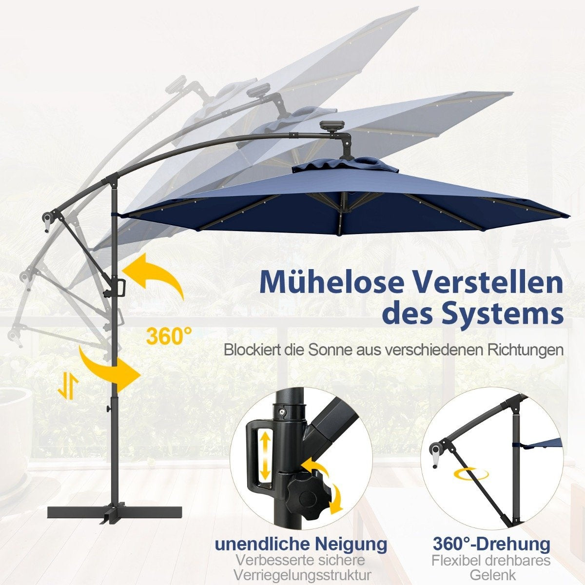 300 cm Solar LED Patio Umbrella with Crank, Dark Blue