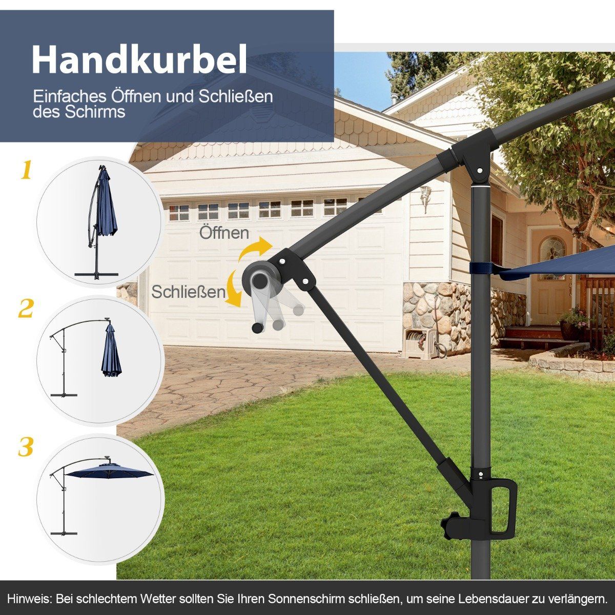 300 cm Solar LED Patio Umbrella with Crank, Dark Blue