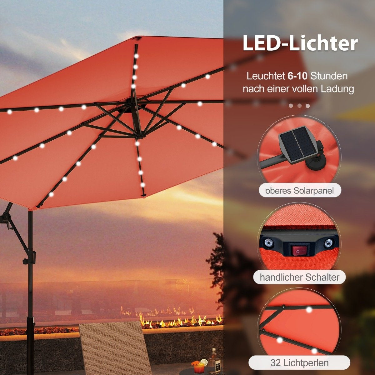 300 cm Solar LED Patio Umbrella with Crank, Orange