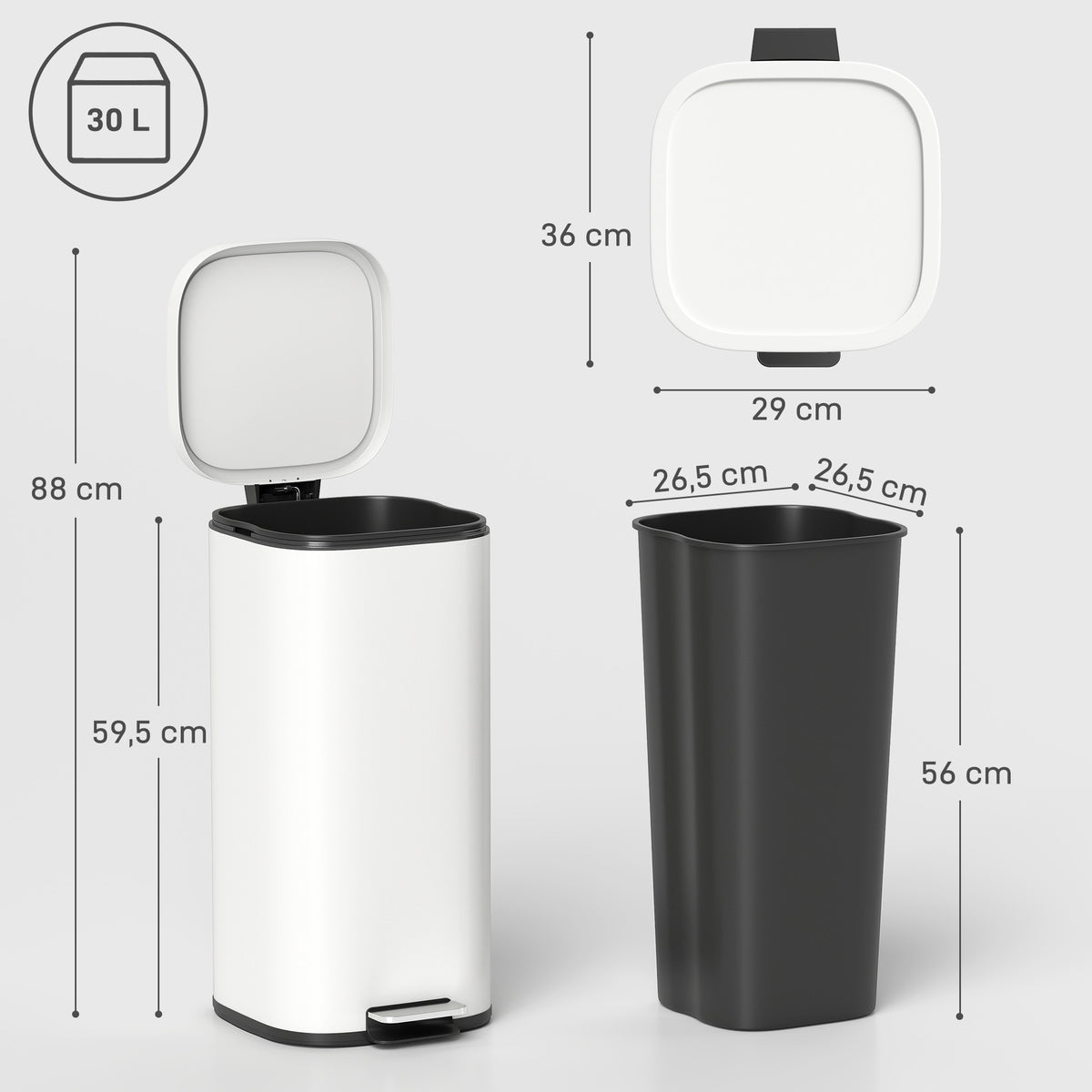 30L Metal Kitchen Bin with Soft-Close Lid, Cream White