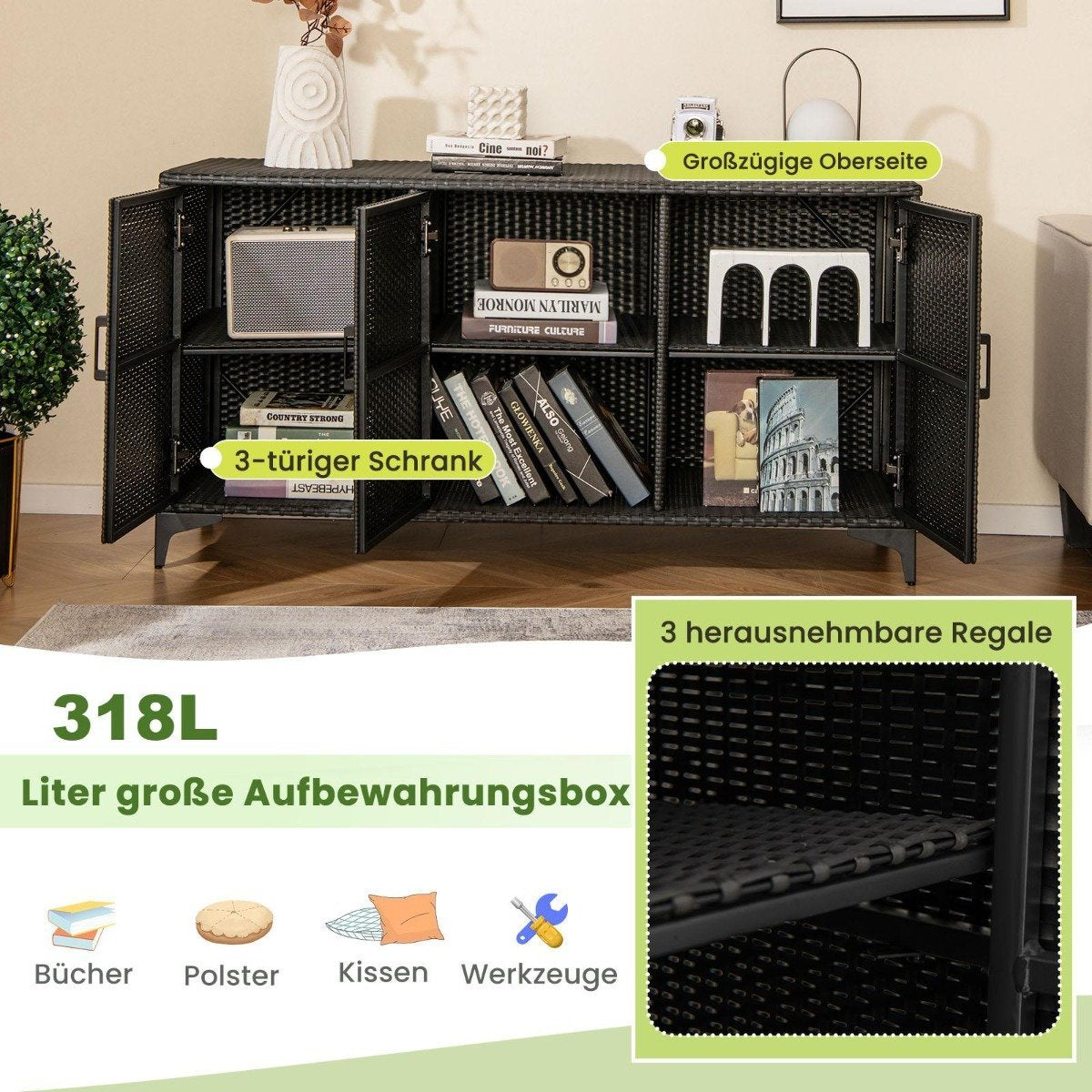 318L Rattan Garden Cabinet with Removable Shelves &amp; Doors Outdoor Weatherproof Side Cabinet Black