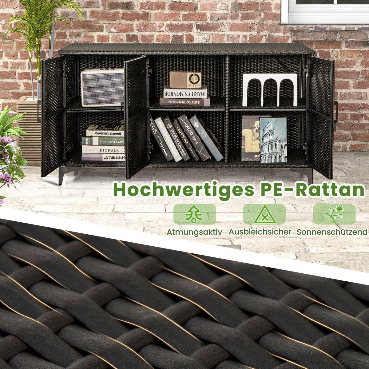 318L Rattan Garden Cabinet with Removable Shelves &amp; Doors Outdoor Weatherproof Side Cabinet Black