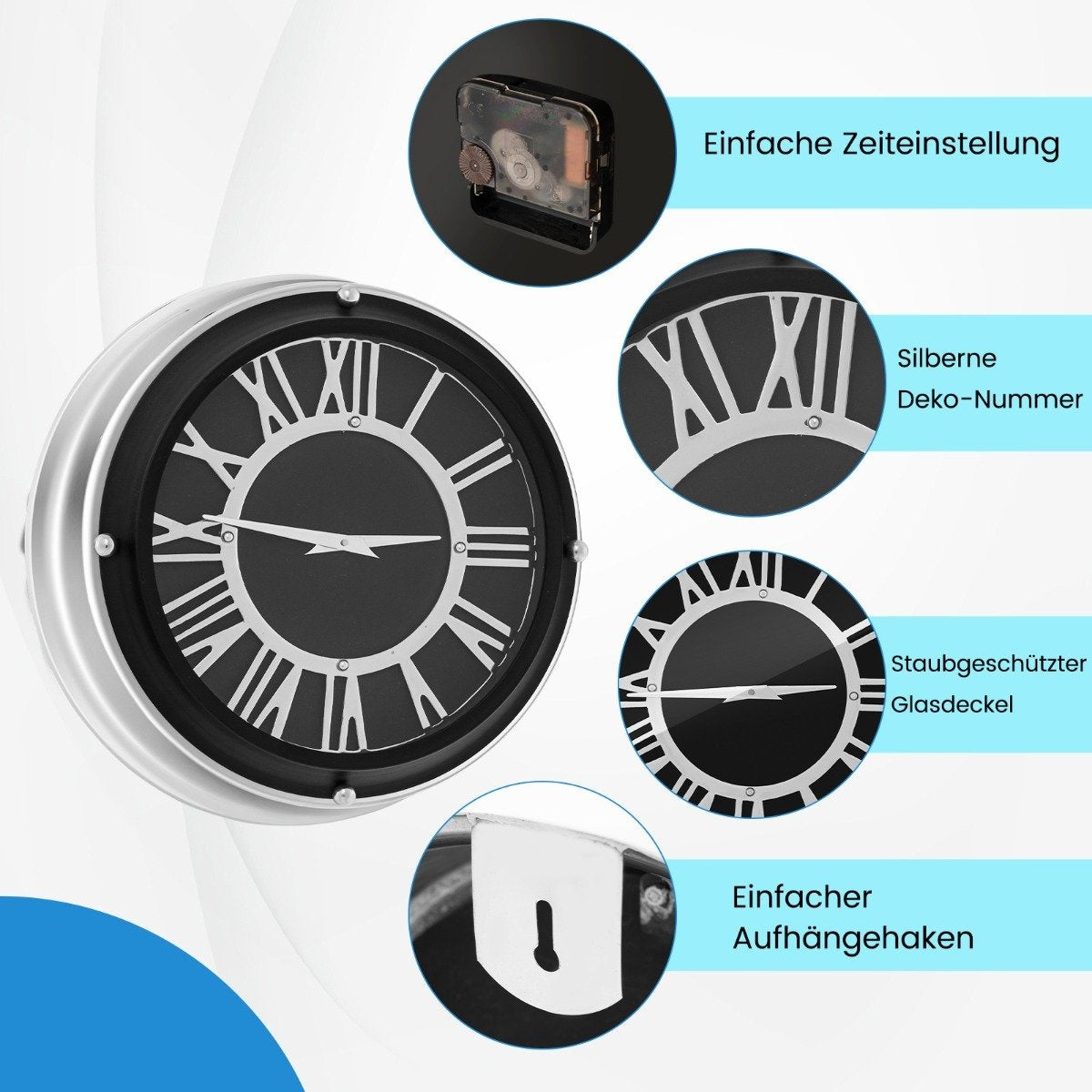 Ø 34.5 cm quiet wall clock with silver frame &amp; Roman dial without ticking noises - Ø 34.5 cm