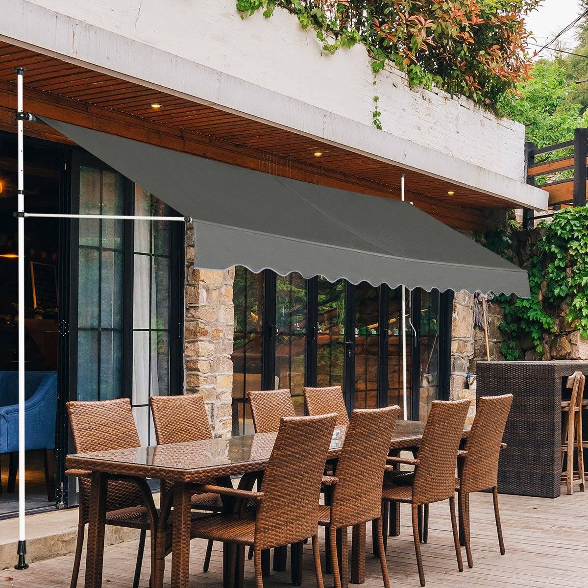 350 cm wide clamp awning without drilling, UV-resistant balcony awning, height-adjustable awning, grey