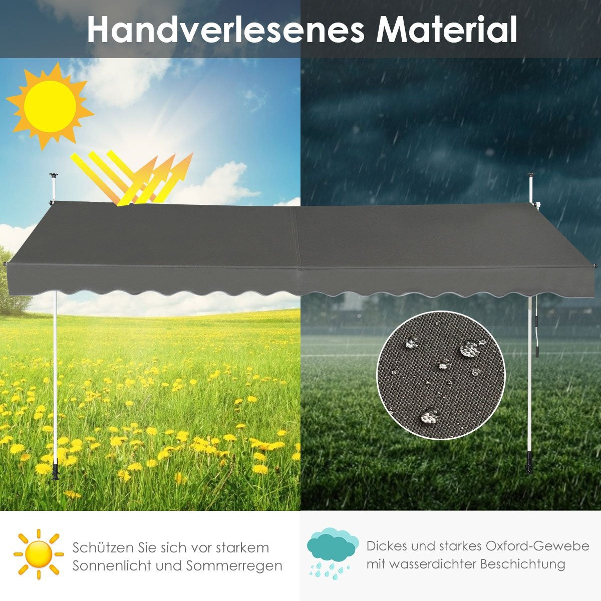 350 cm wide clamp awning without drilling, UV-resistant balcony awning, height-adjustable awning, grey