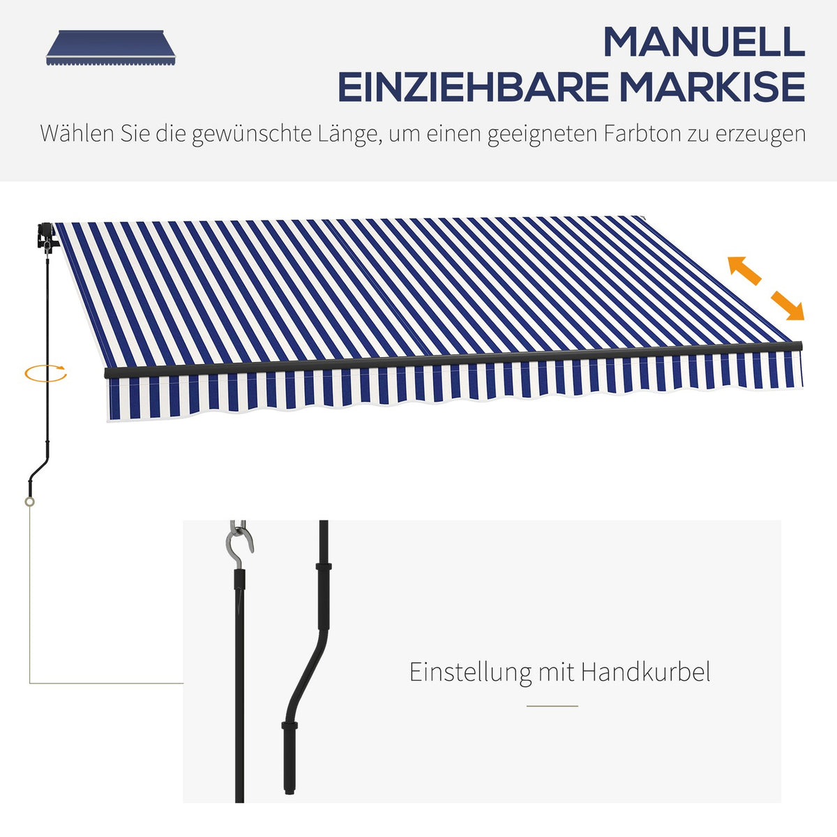 3.5 X 3 M Awning Wall Mounted Balcony Awning With Hand Crank, Sun Protection, Sun Canopy For Balcony Aluminum Blue + White