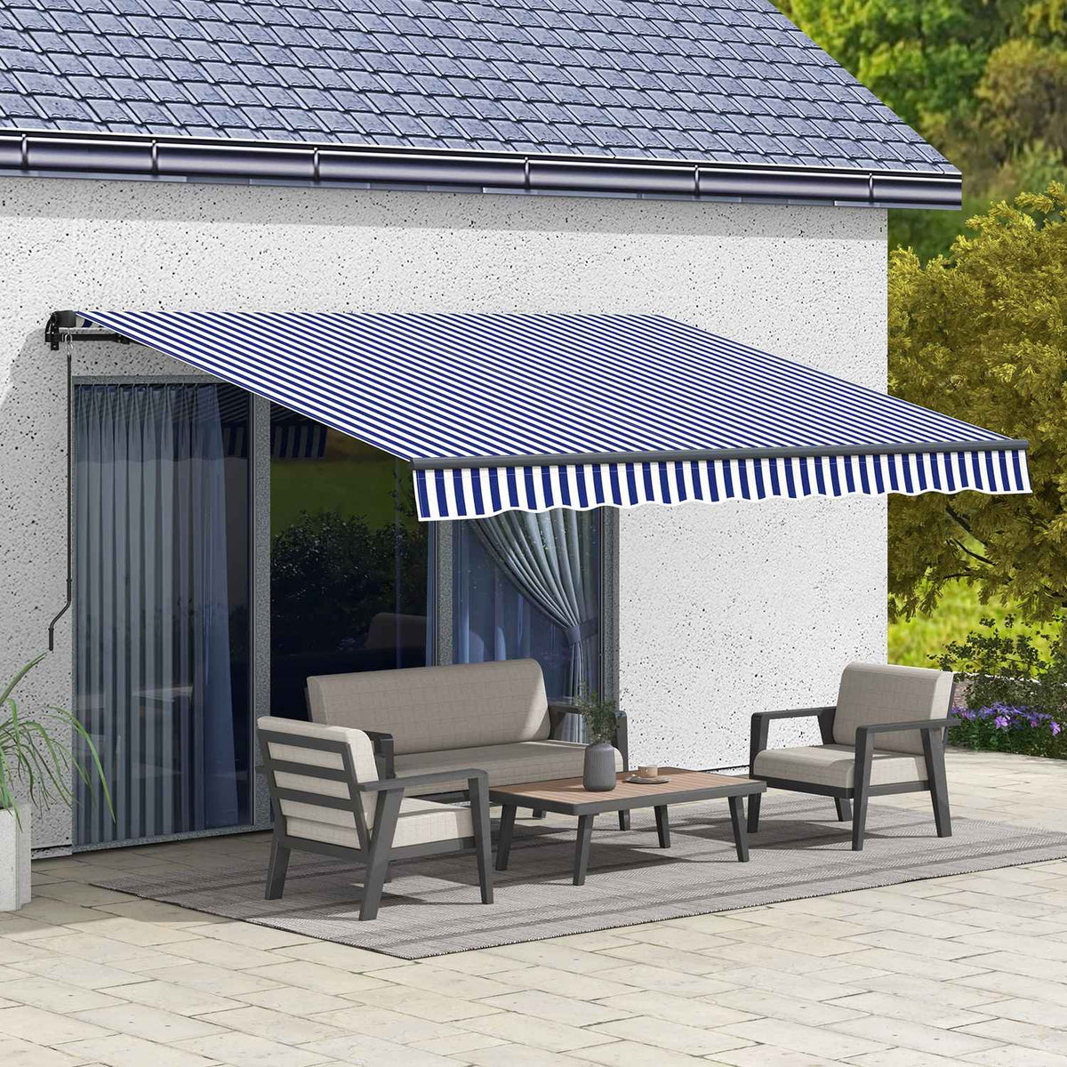 3.5 X 3 M Awning Wall Mounted Balcony Awning With Hand Crank, Sun Protection, Sun Canopy For Balcony Aluminum Blue + White