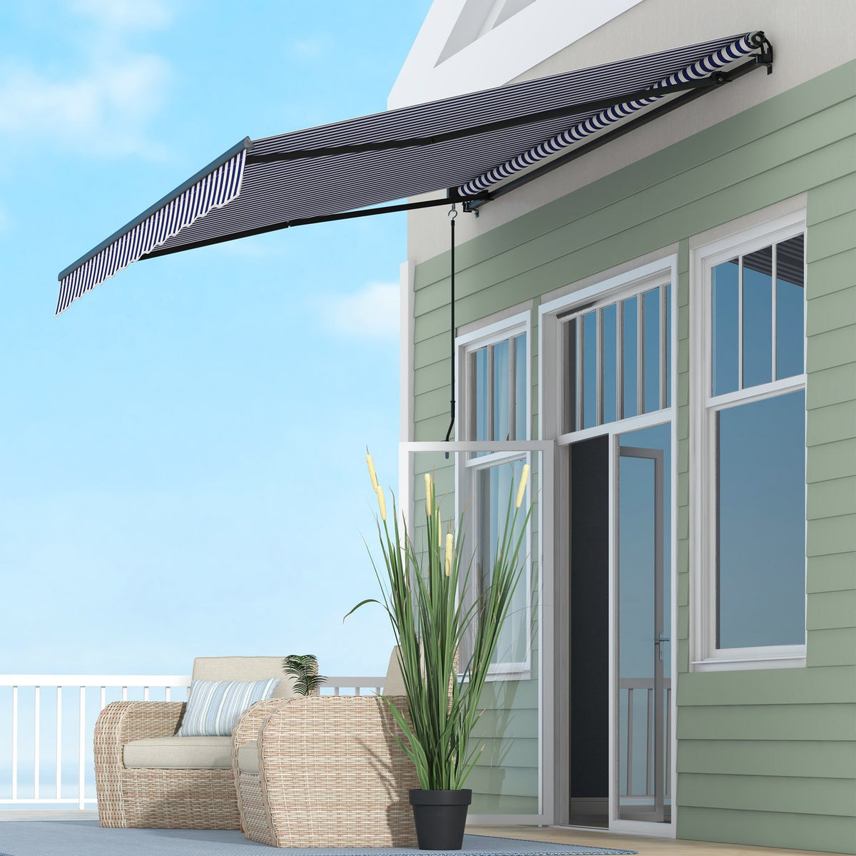 3.5 X 3 M Awning Wall Mounted Balcony Awning With Hand Crank, Sun Protection, Sun Canopy For Balcony Aluminum Blue + White