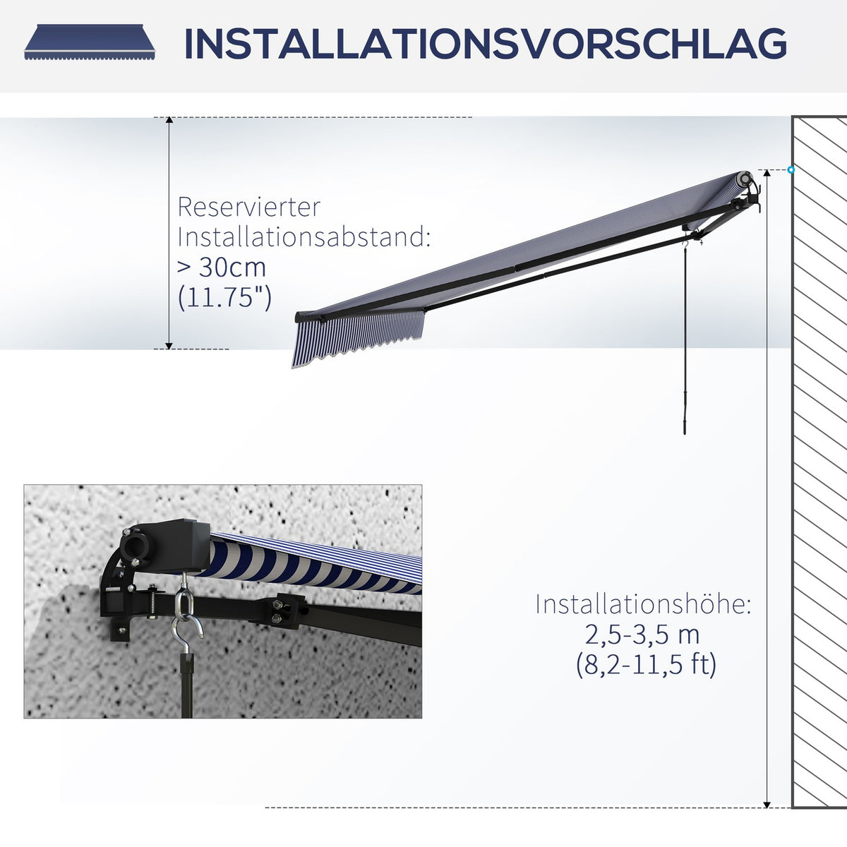 3.5 X 3 M Awning Wall Mounted Balcony Awning With Hand Crank, Sun Protection, Sun Canopy For Balcony Aluminum Blue + White
