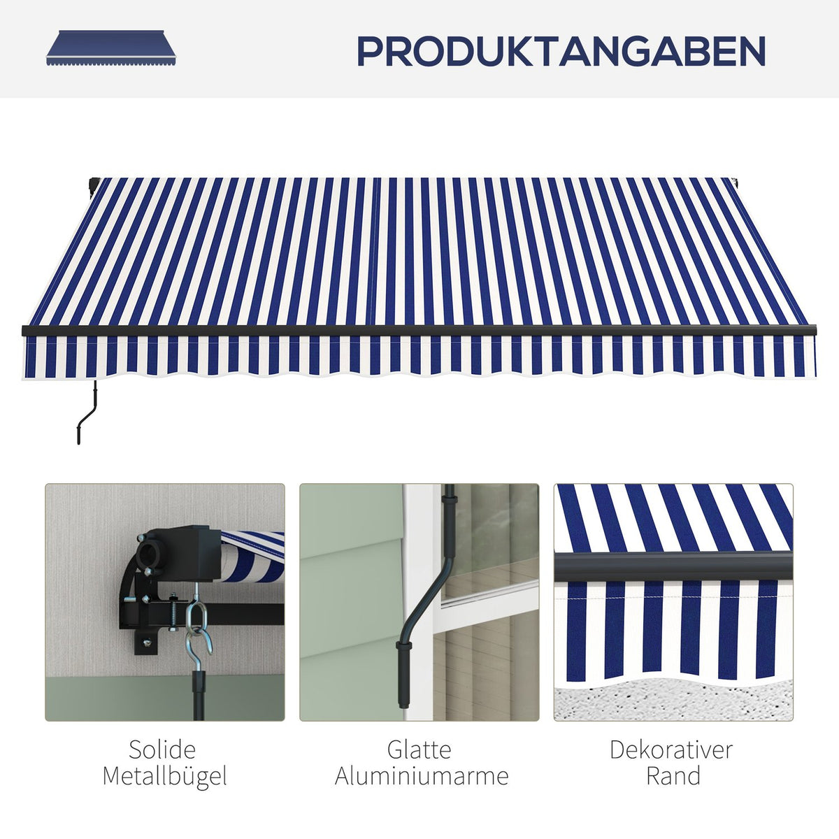 3.5 X 3 M Awning Wall Mounted Balcony Awning With Hand Crank, Sun Protection, Sun Canopy For Balcony Aluminum Blue + White