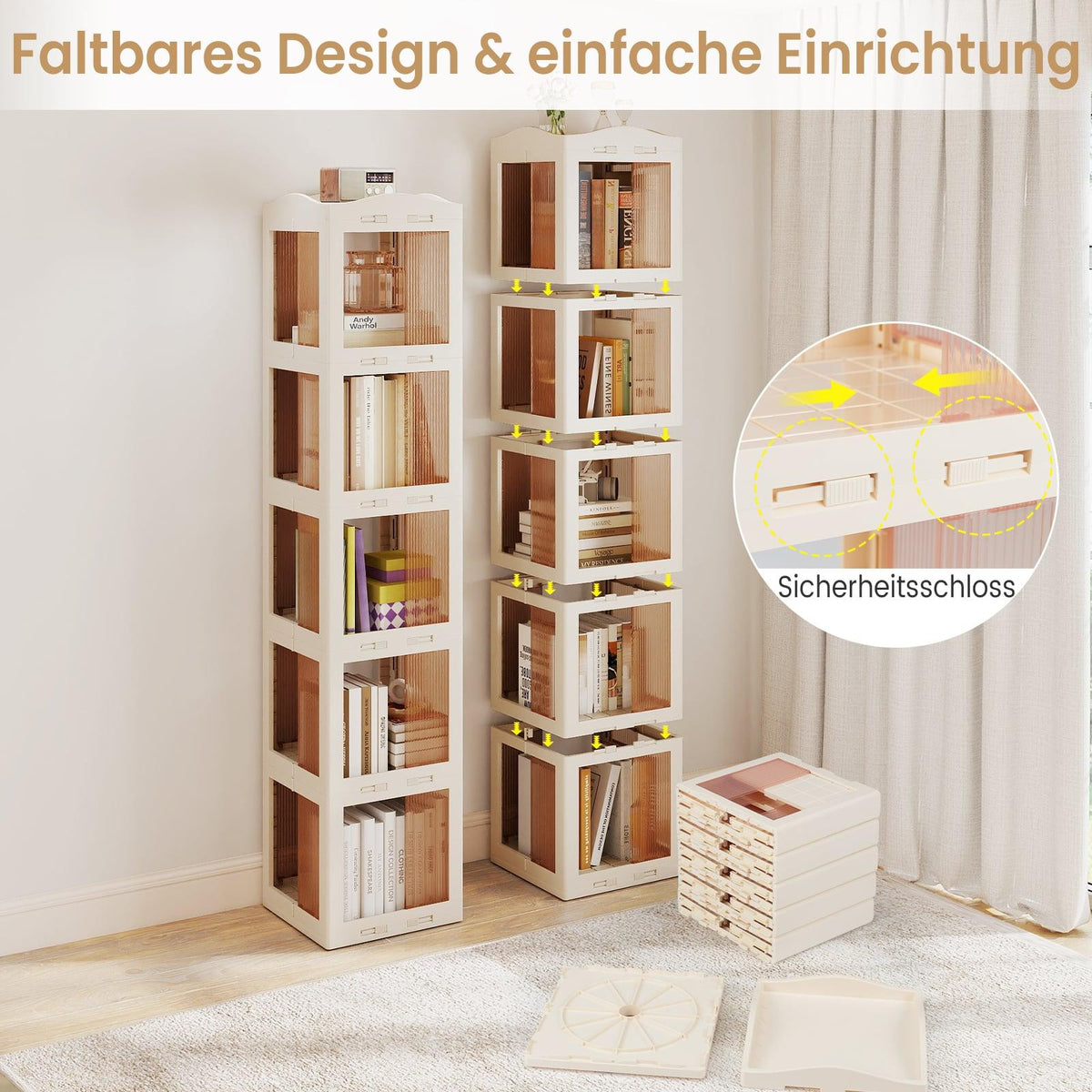 360 Rotating Bookshelf, Foldable, Transparent, 174 cm