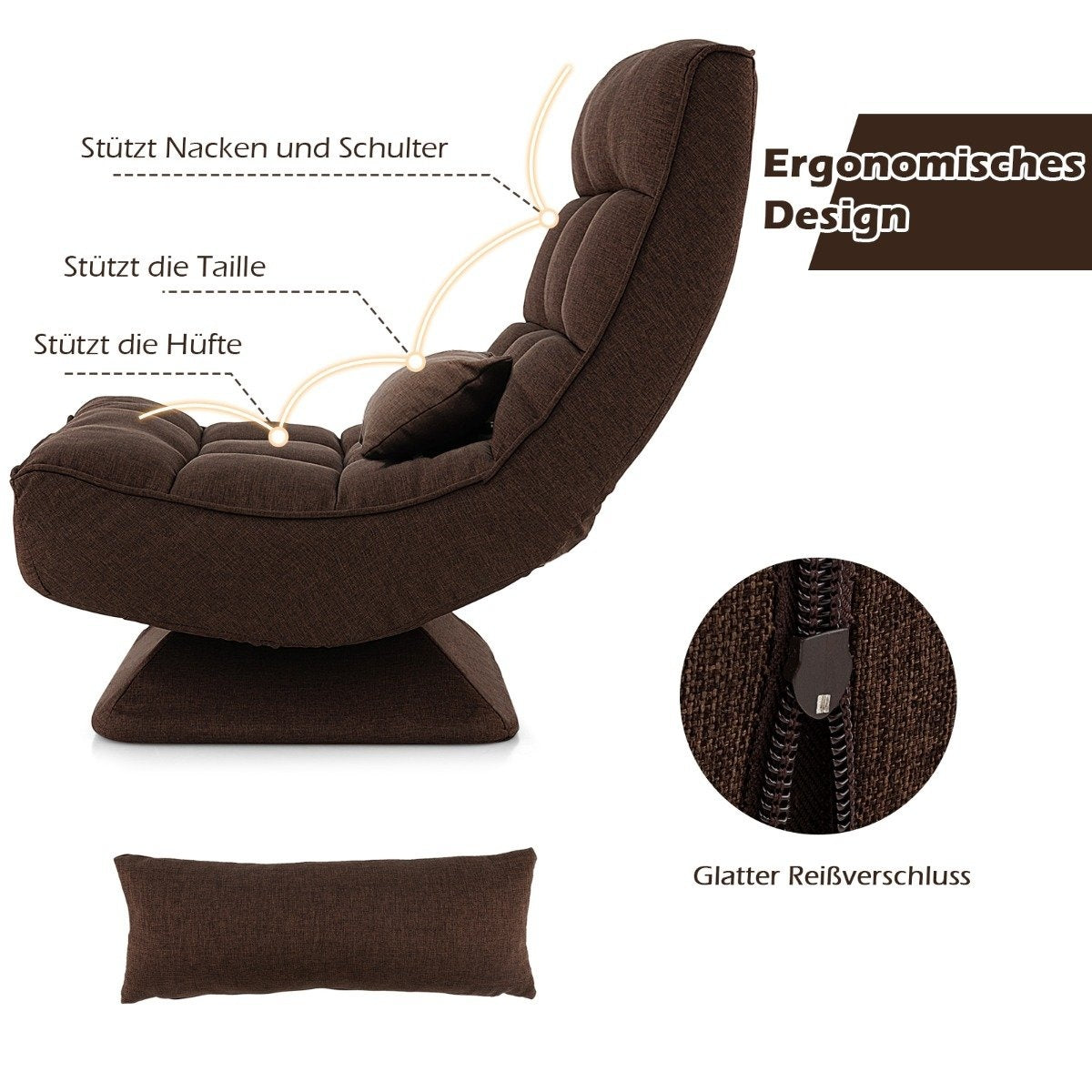 360° Rotating Floor Chair with Backrest & Lumbar Cushion Floor Chair Lazy Sofa Brown