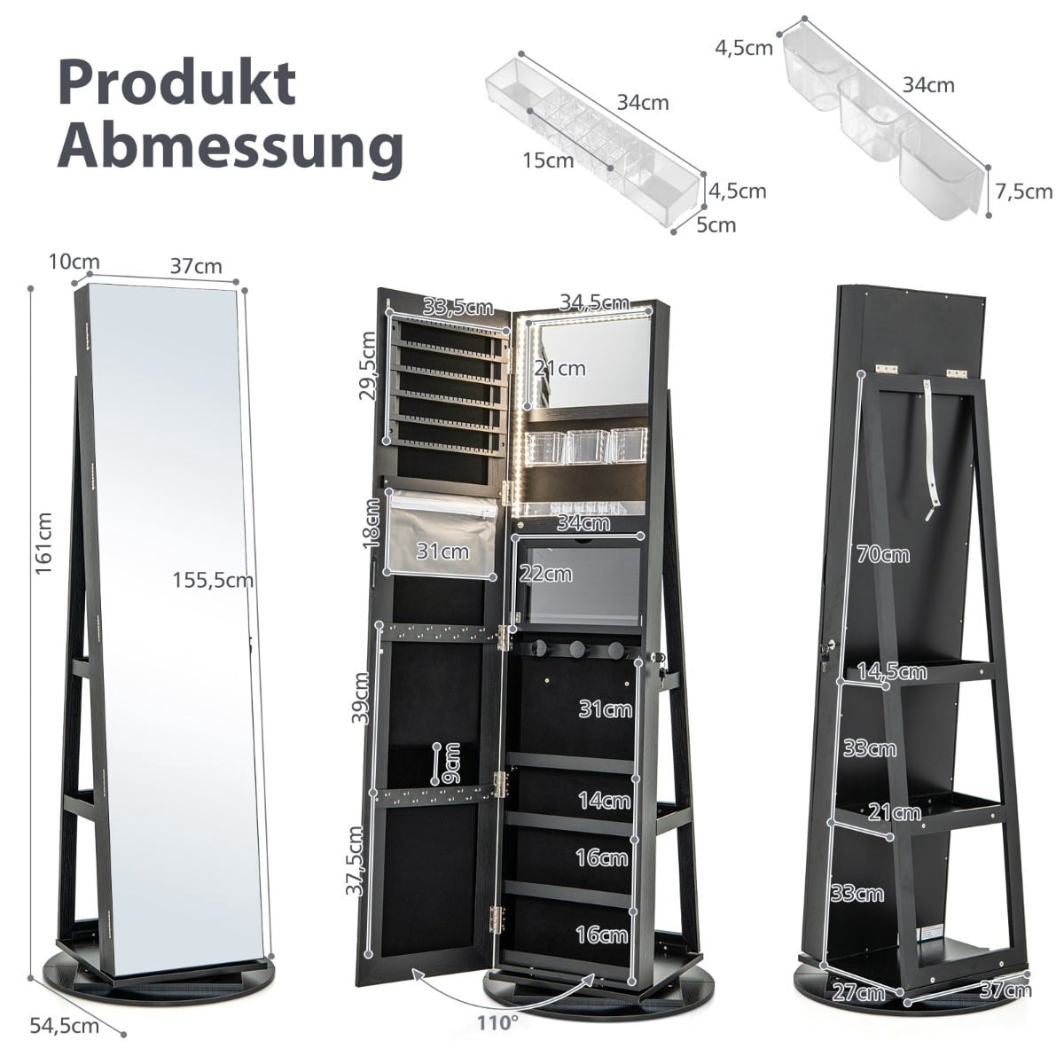 360 Rotating Jewelry Cabinet with LED Lights, Black