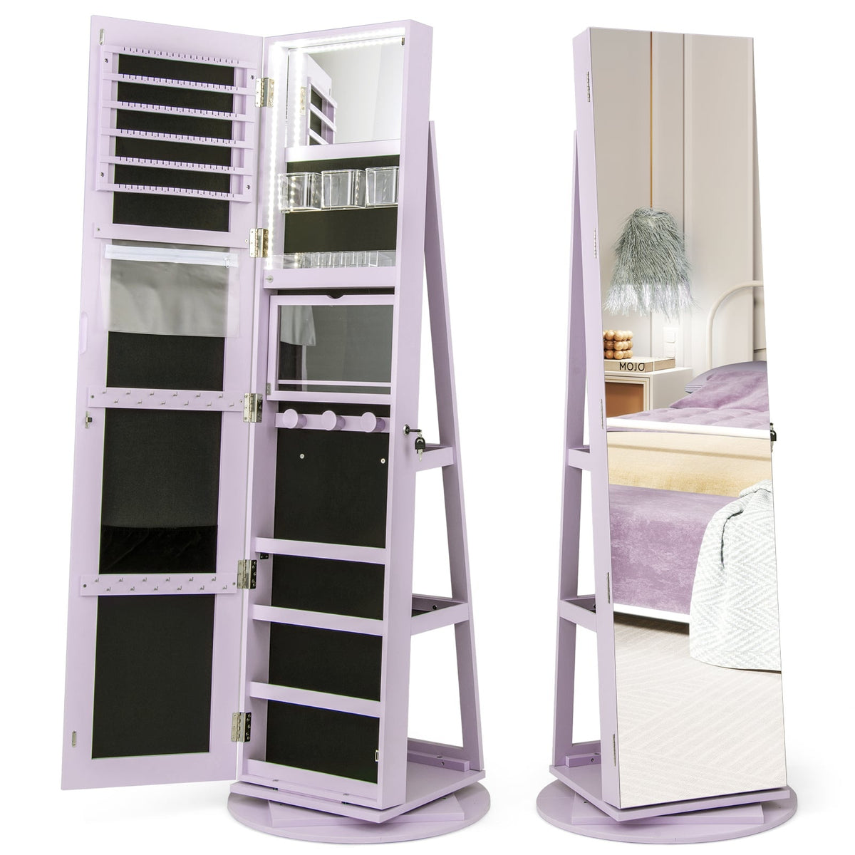 360 Rotating Jewelry Cabinet with LED Lights, Mirror, Lock