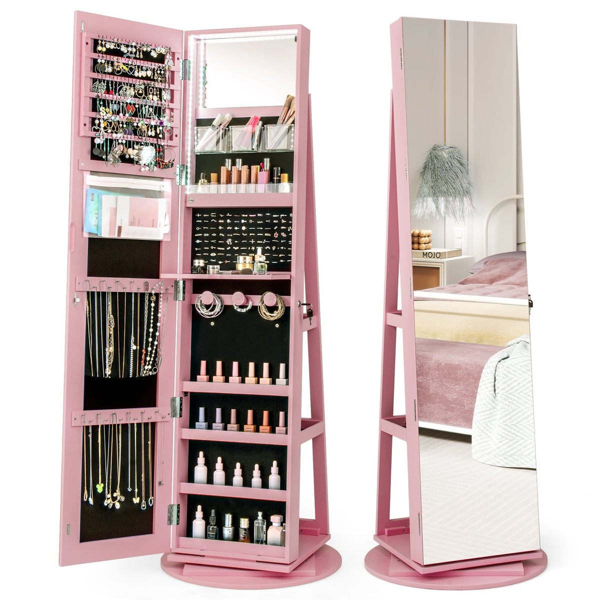 360 Rotating Jewelry Cabinet with LED Lights and Mirror