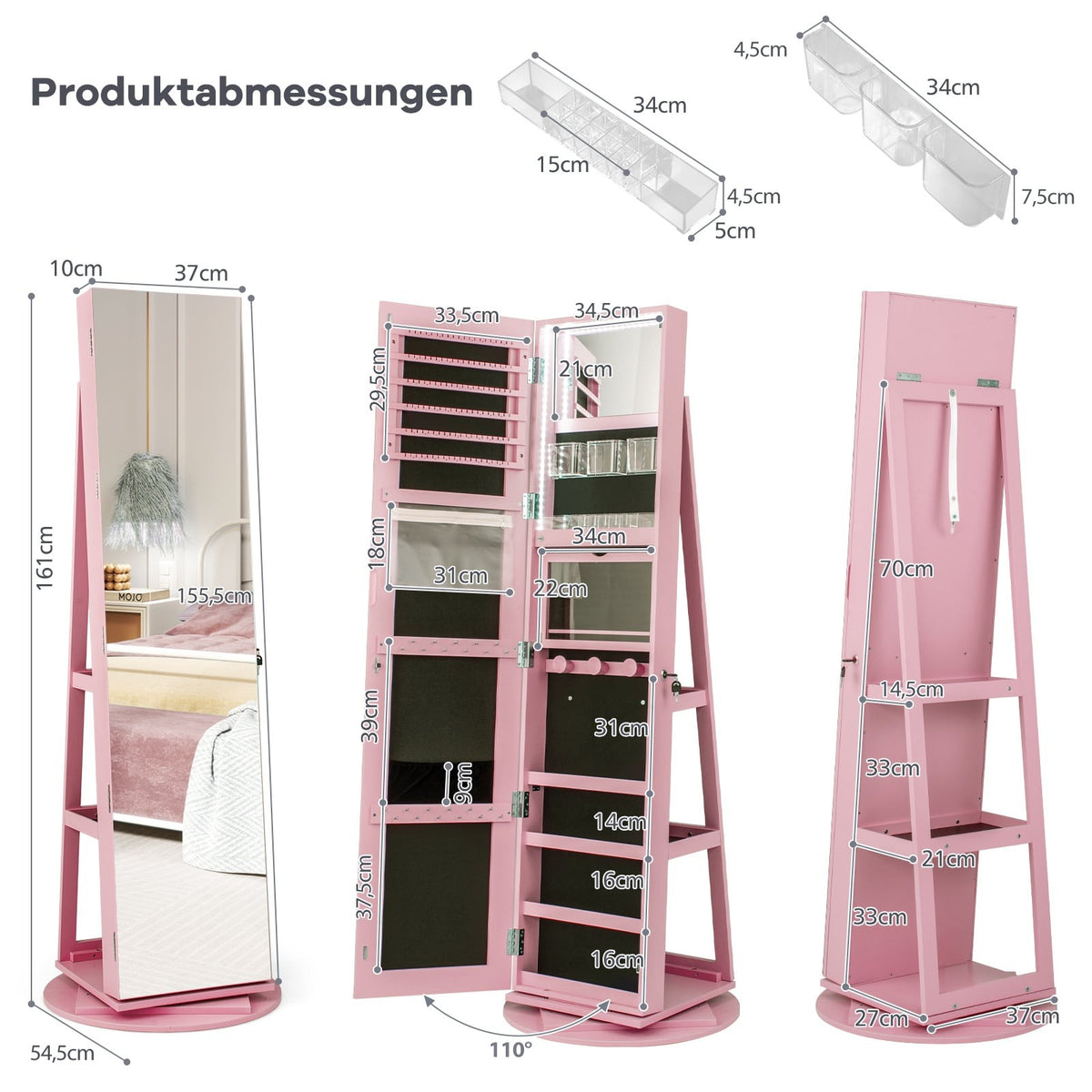 360 Rotating Jewelry Cabinet with LED Lights and Mirror