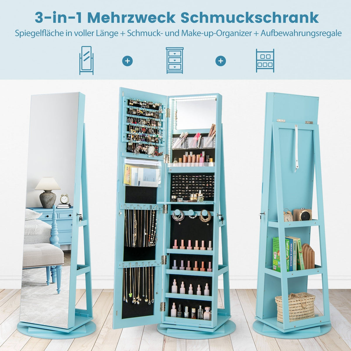 360 Rotating Jewelry Cabinet with LED Lights and Mirror