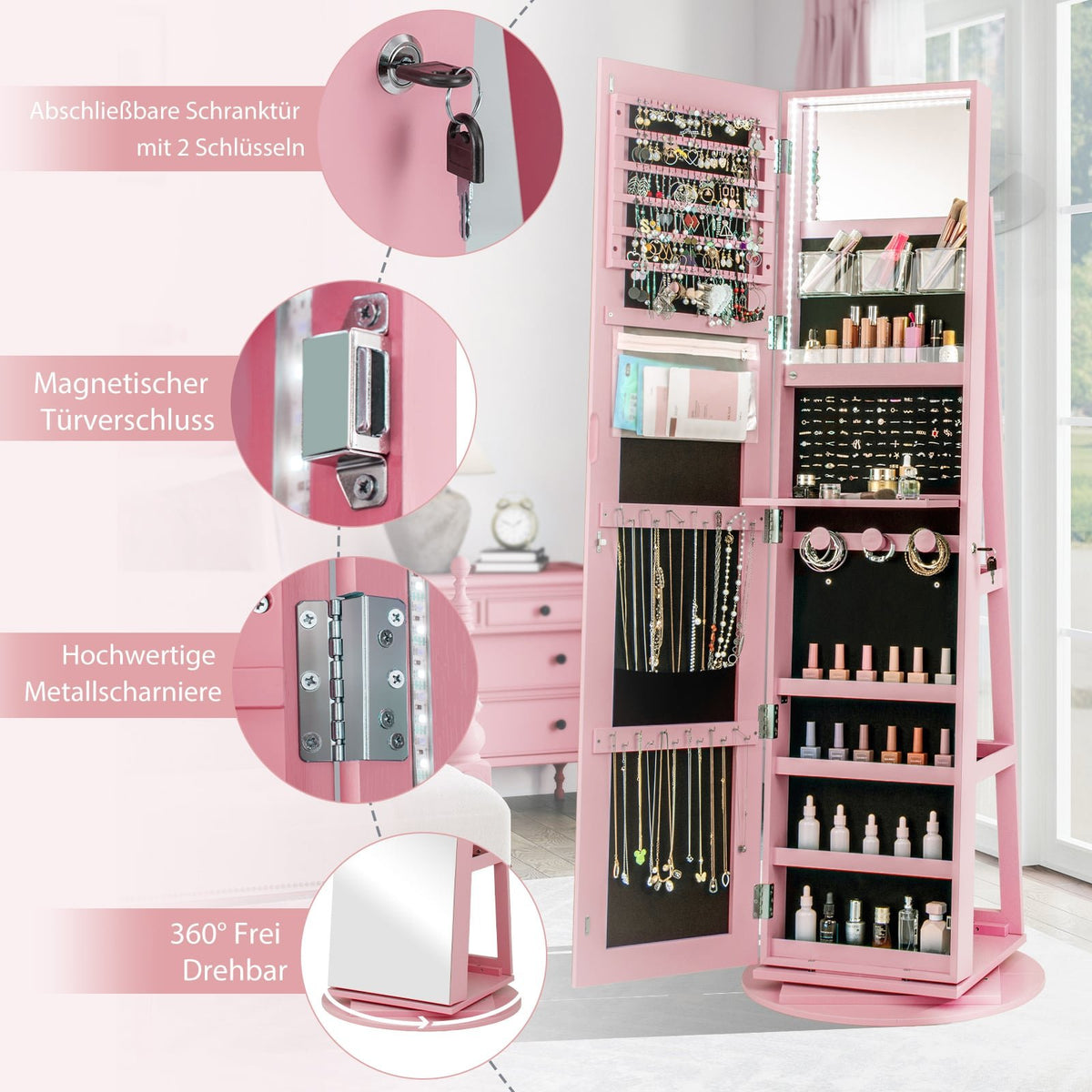 360 Rotating Jewelry Cabinet with LED Lights and Mirror