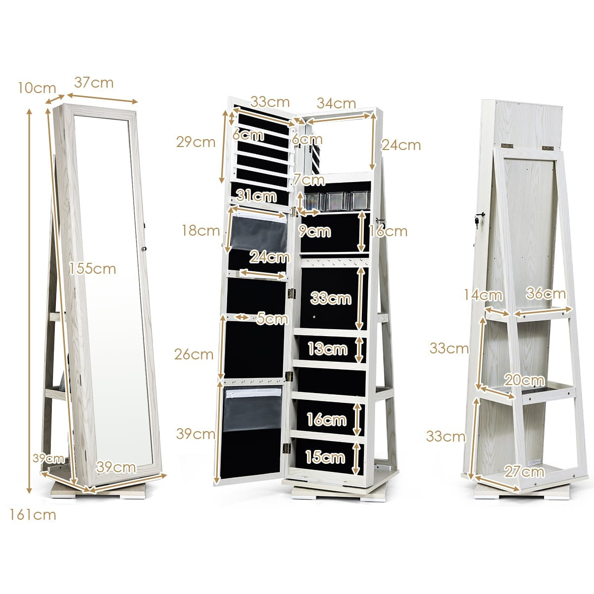 360 Rotating Jewelry Cabinet with Mirror, Lockable, White