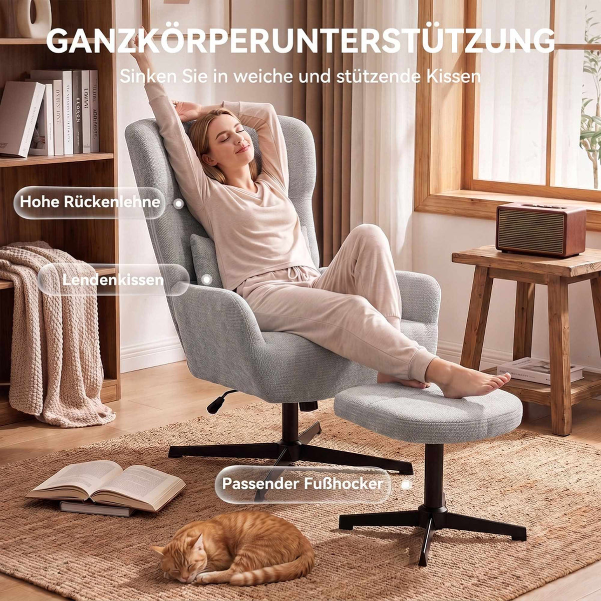 360 Swivel Lounge Chair with Ottoman, Adjustable Height, Cream