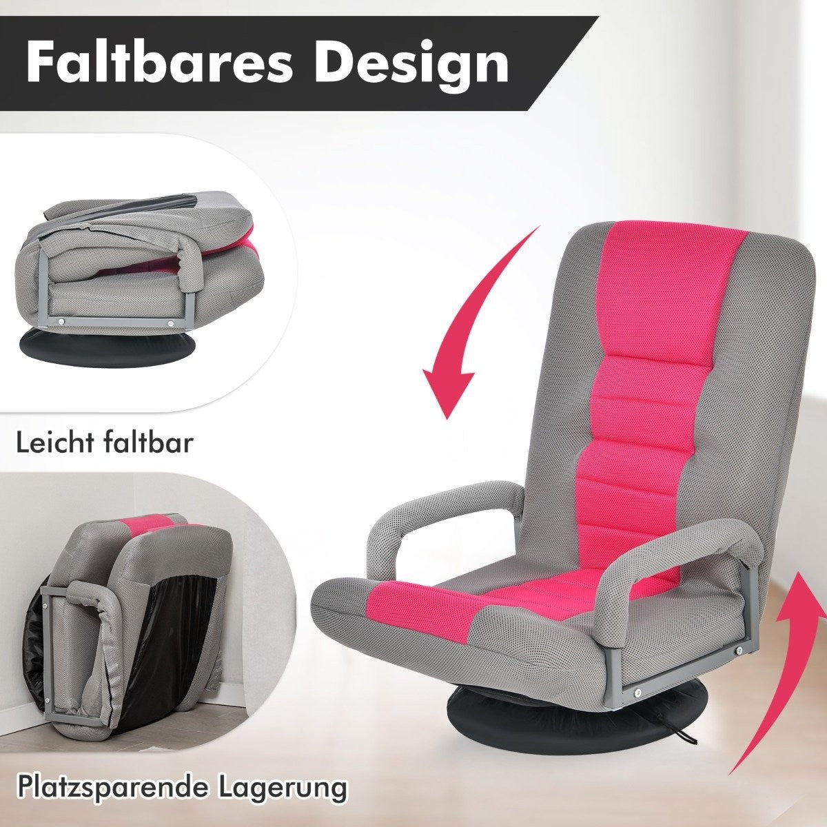 360° rotating floor chair with 6-way adjustable backrest floor chair pink