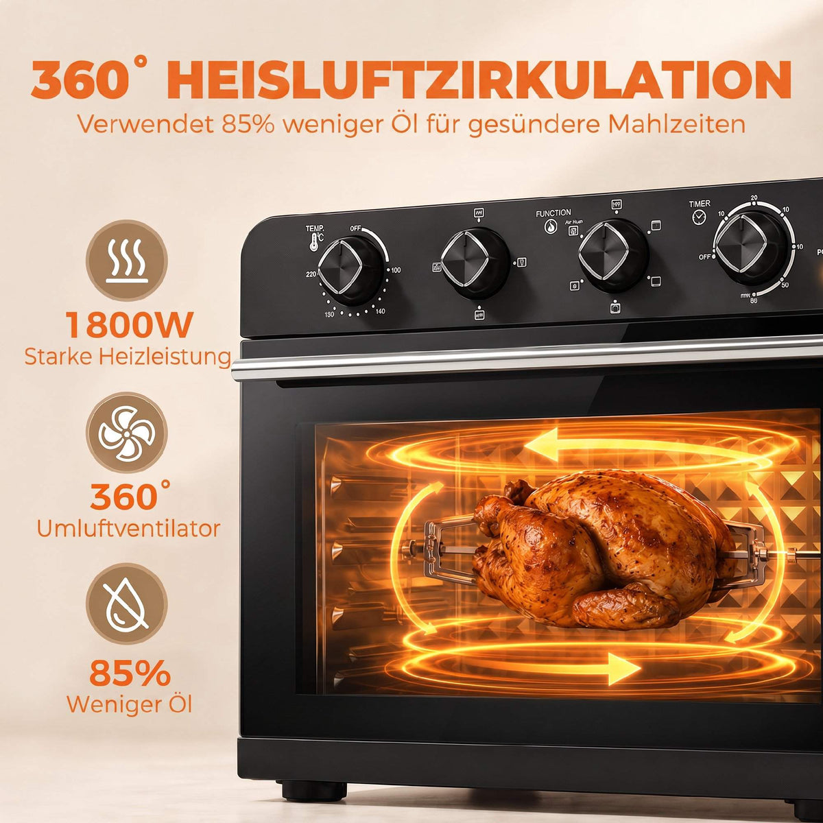 36L Air Fryer Oven with Rotisserie, 1800W, Black