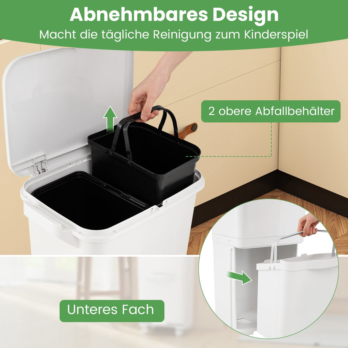 36L Trash Bin with 2 Removable Bins & Pedal