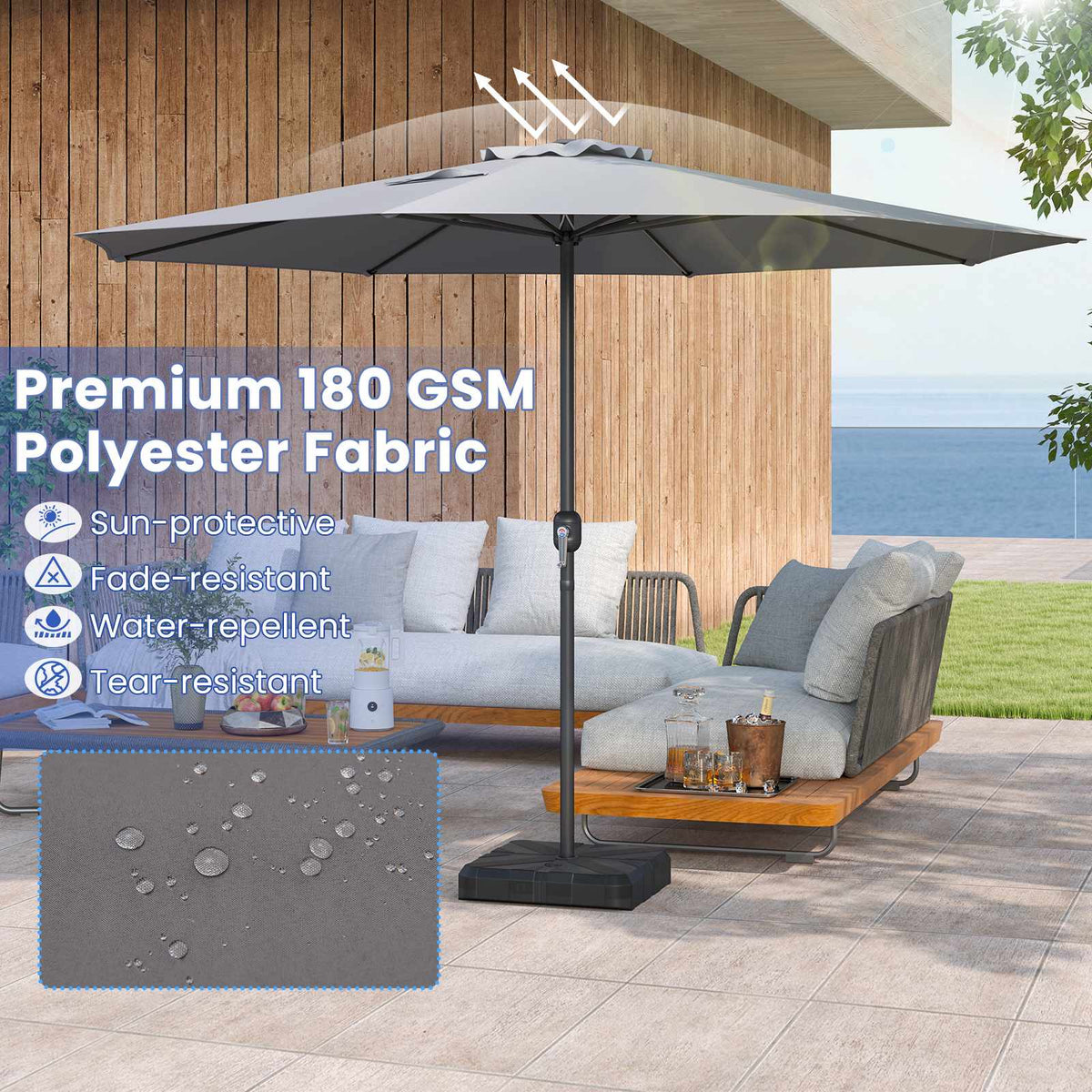 3.6m Patio Market Umbrella With Crank Handle, Grey