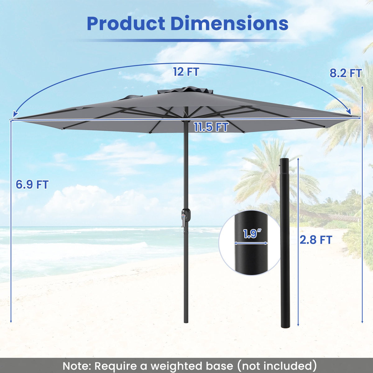 3.6m Patio Market Umbrella With Crank Handle, Grey