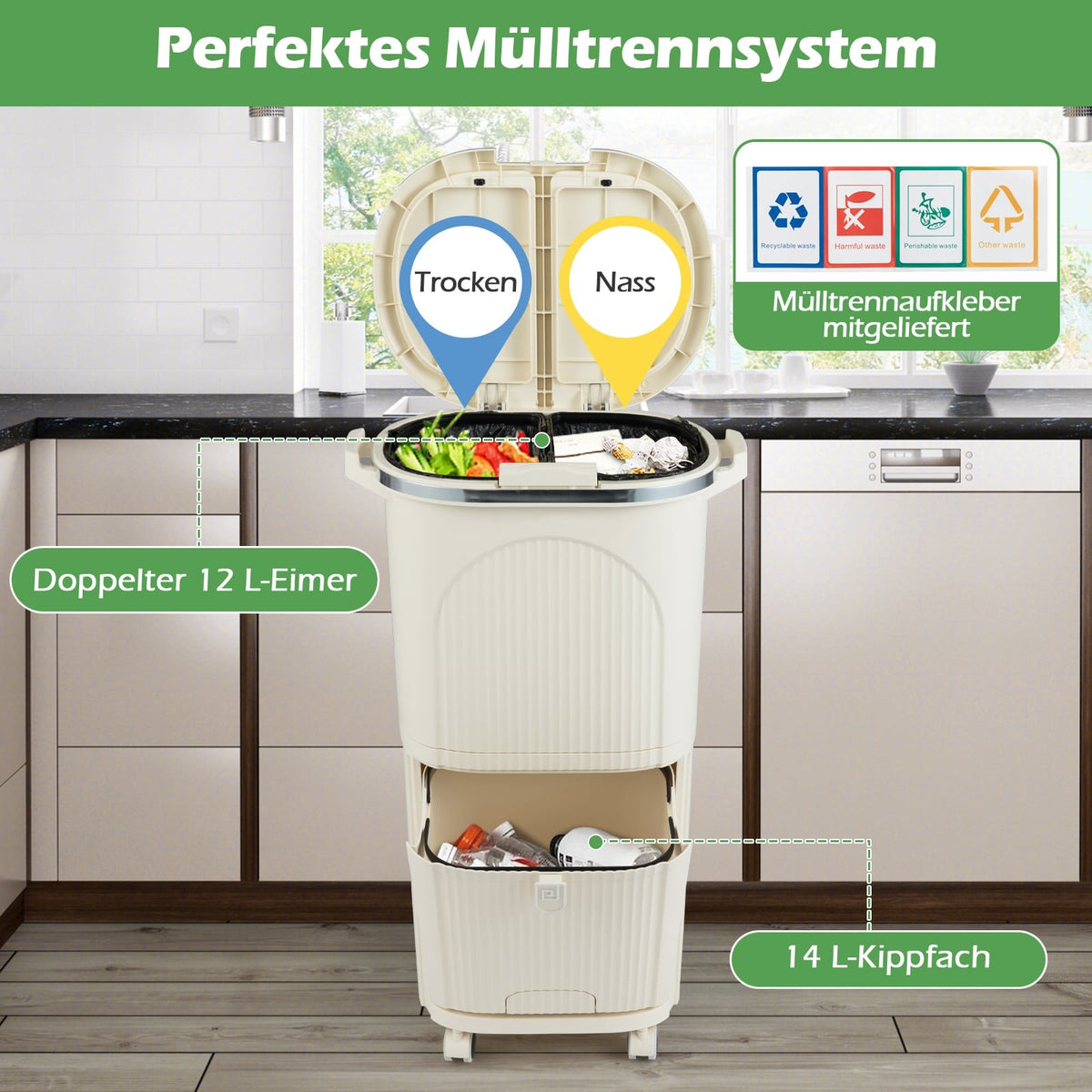 38L Trash Bin with 2 Removable Buckets & Lid, Beige