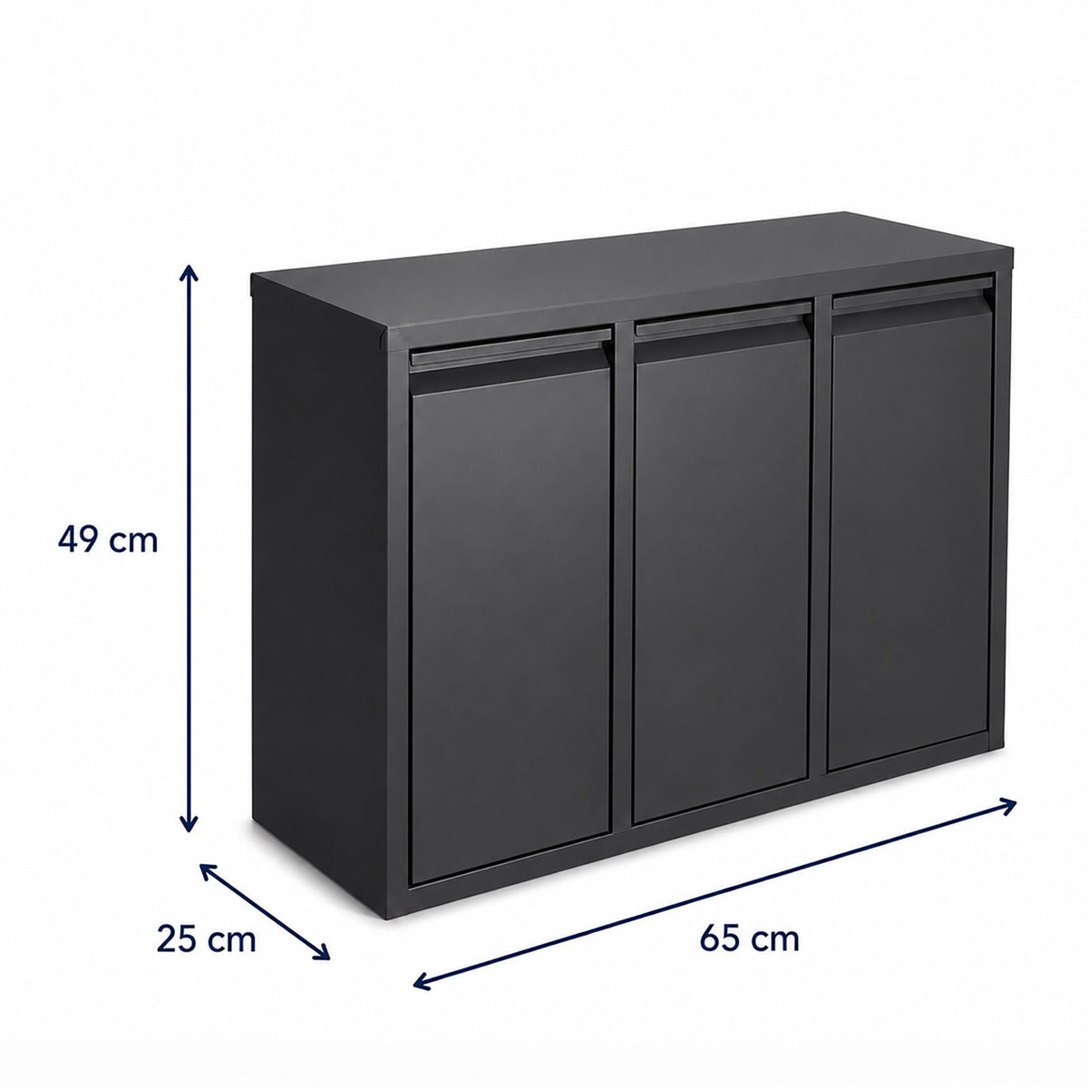3-Compartment Waste Bin, 30L, Black, Steel-Plastic
