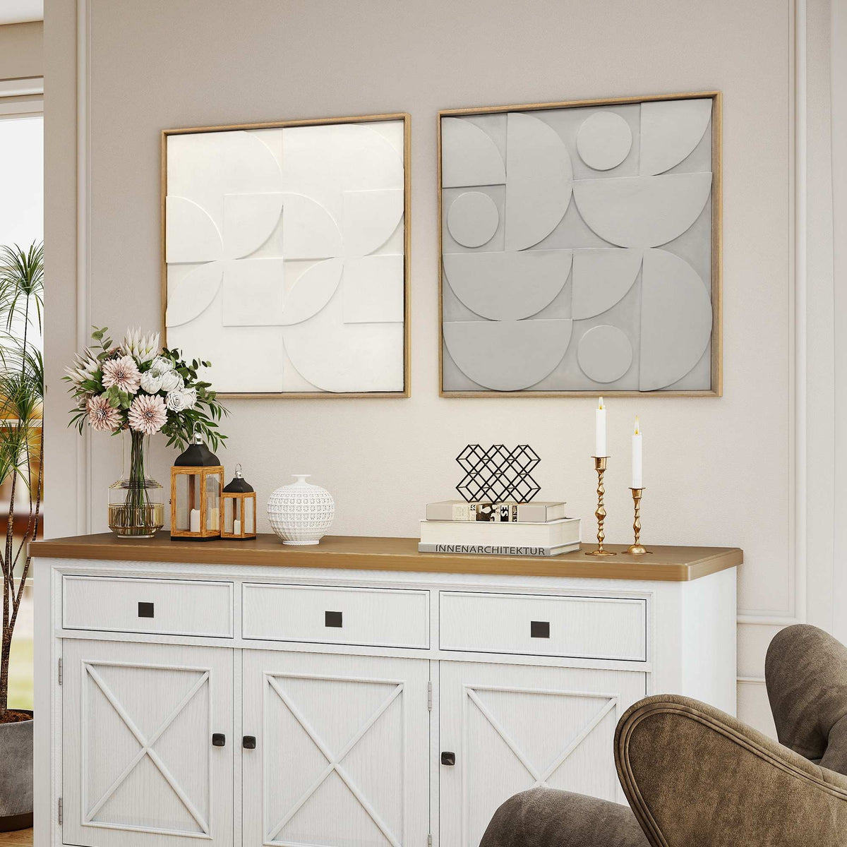3D Geometric Wall Art Set, 2 Pieces, 80x80 cm, White