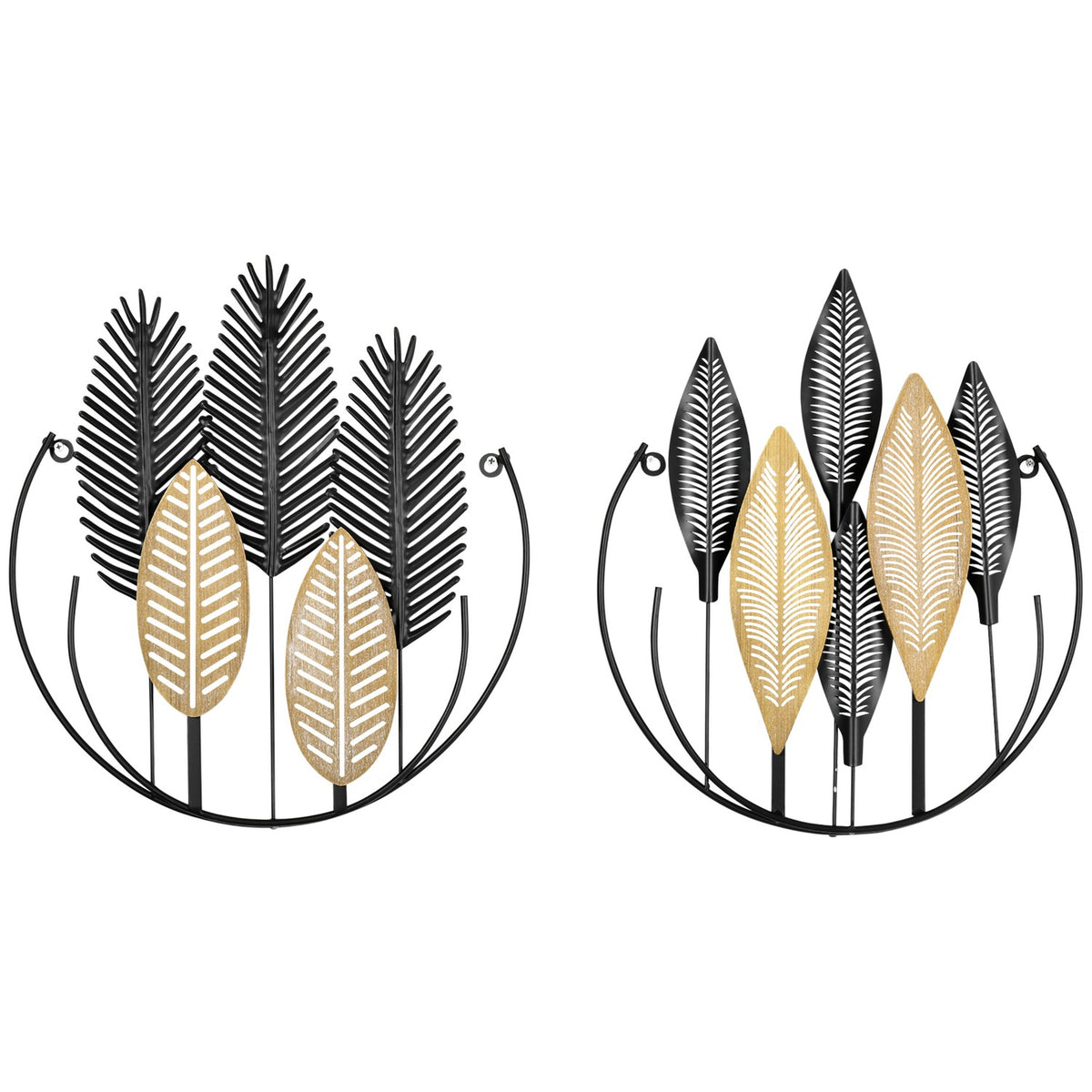 3D Metal Wall Picture Set Of 2 Leaves Wall Decoration Modern Living Room Art Black + Natural 40 X 46 Cm
