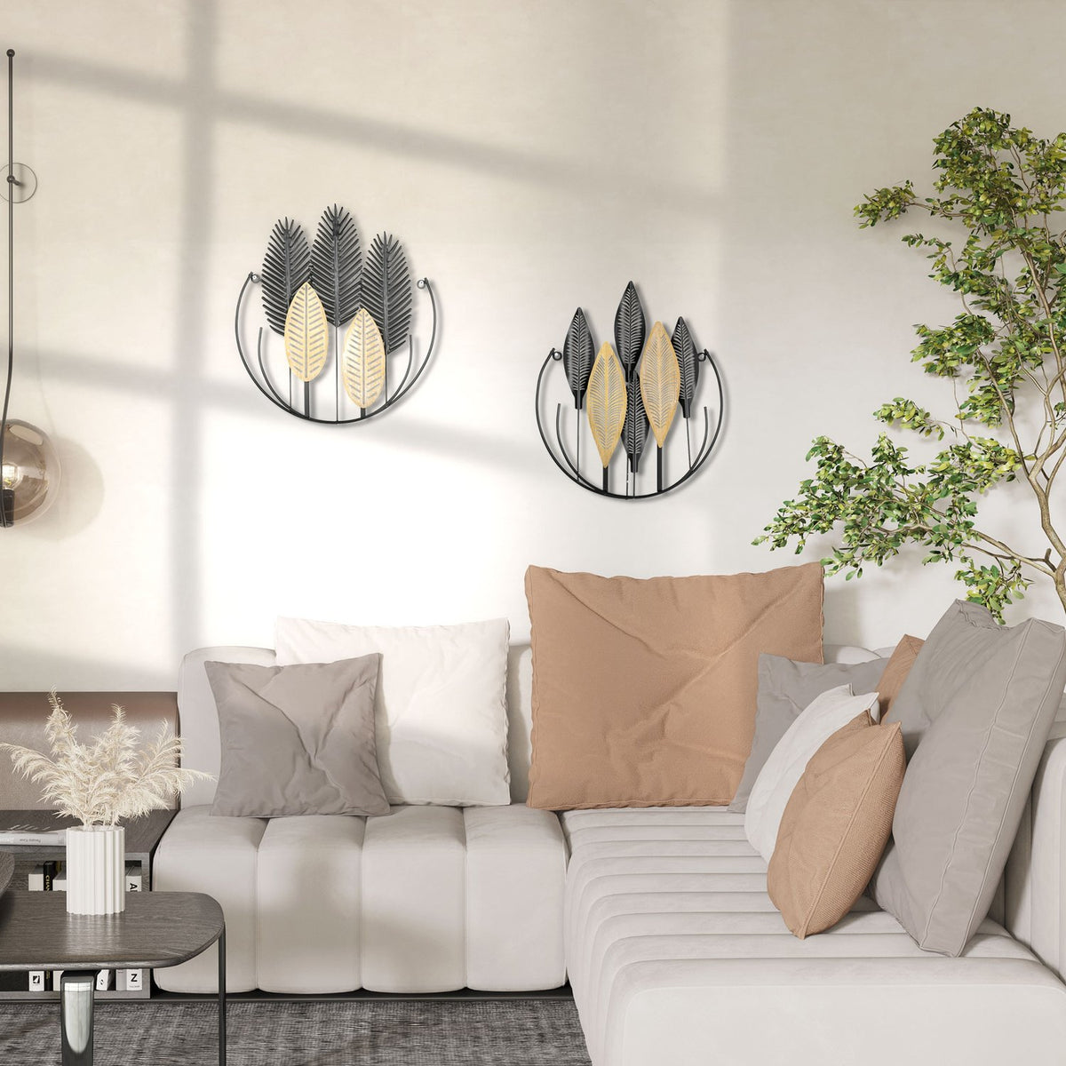 3D Metal Wall Picture Set Of 2 Leaves Wall Decoration Modern Living Room Art Black + Natural 40 X 46 Cm