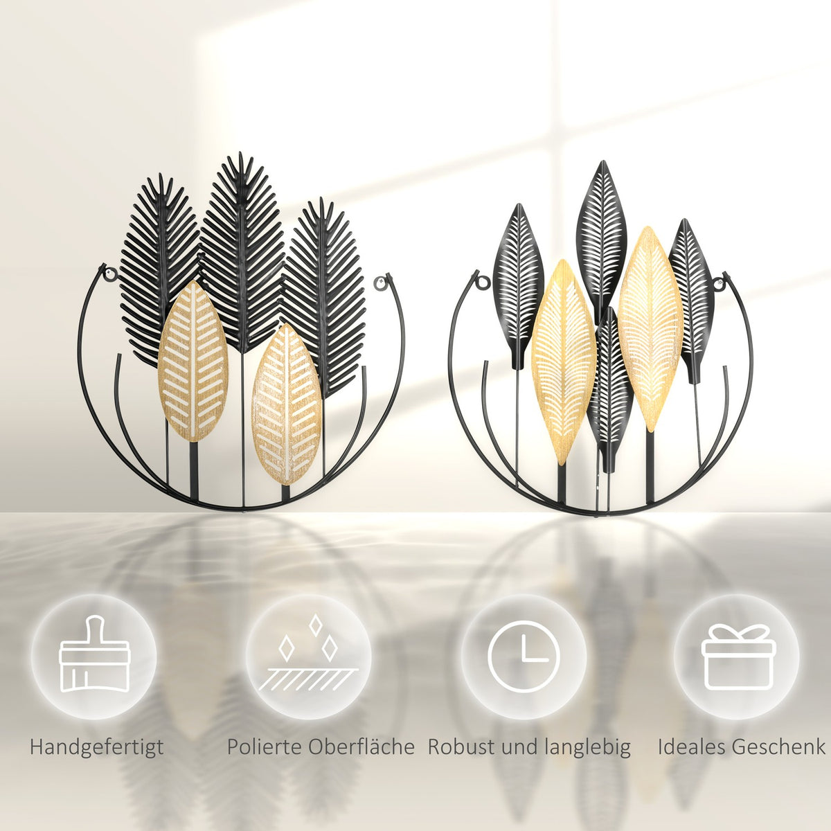 3D Metal Wall Picture Set Of 2 Leaves Wall Decoration Modern Living Room Art Black + Natural 40 X 46 Cm