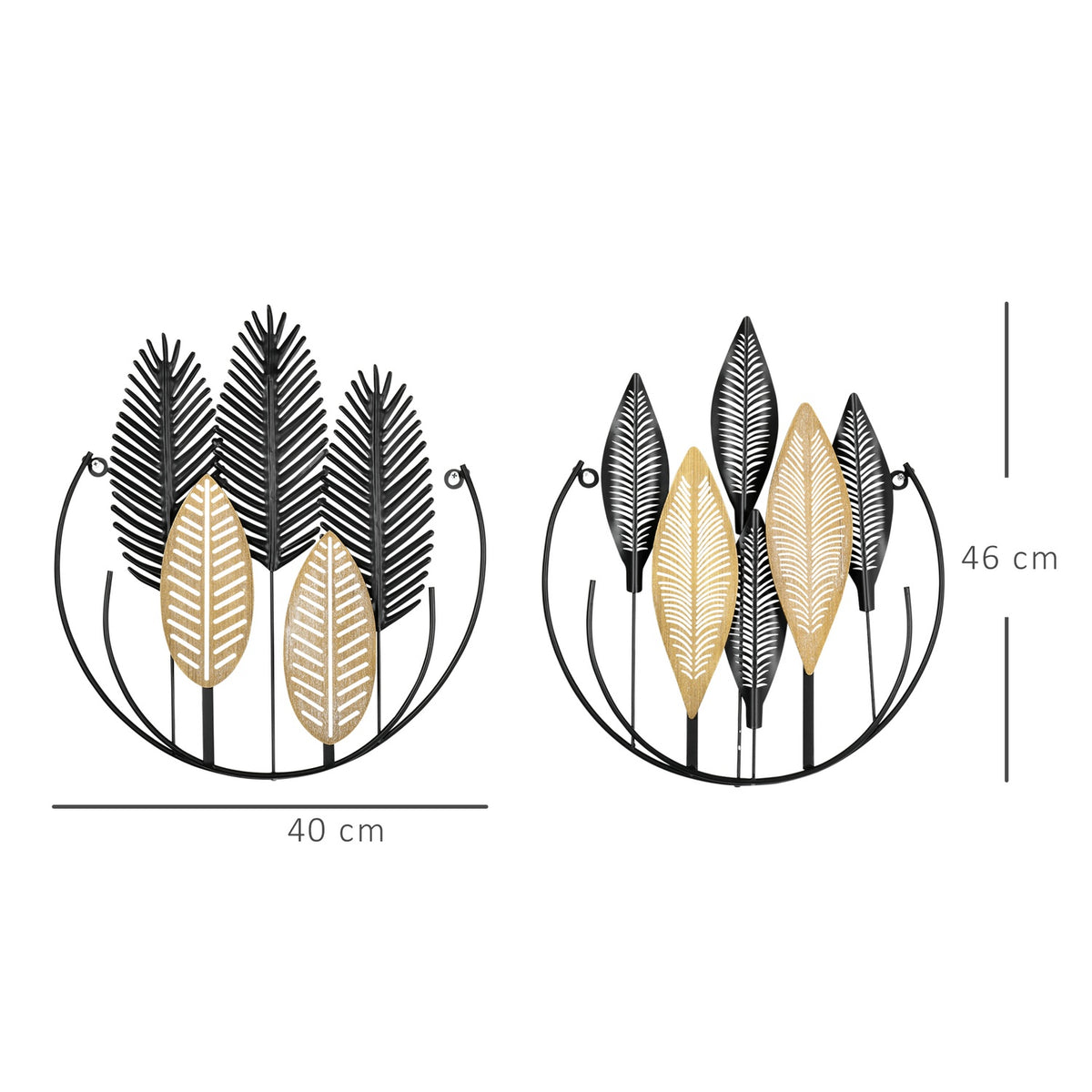 3D Metal Wall Picture Set Of 2 Leaves Wall Decoration Modern Living Room Art Black + Natural 40 X 46 Cm