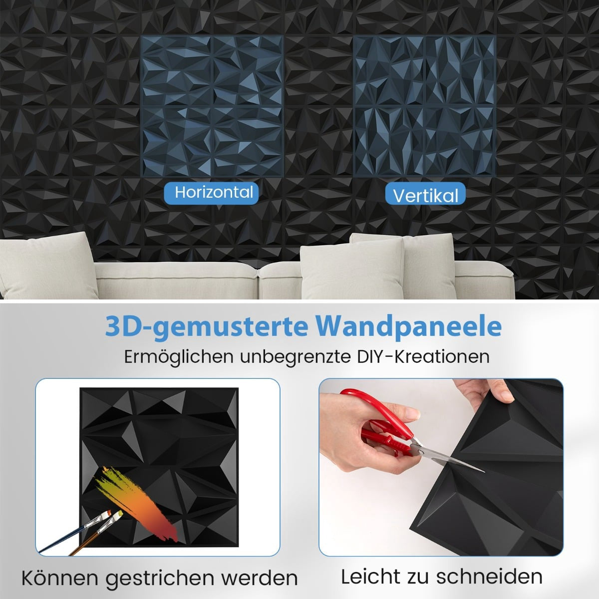 3D Wall Panels, Black PVC, 50 Pack, 30x30 cm, 4.5m² Coverage